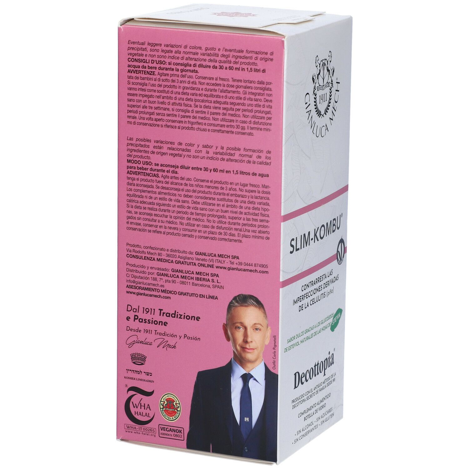 Confezione Slim-Kombu. Retro scatola con testo. Logo e immagine di un uomo. Certificazione Halal.