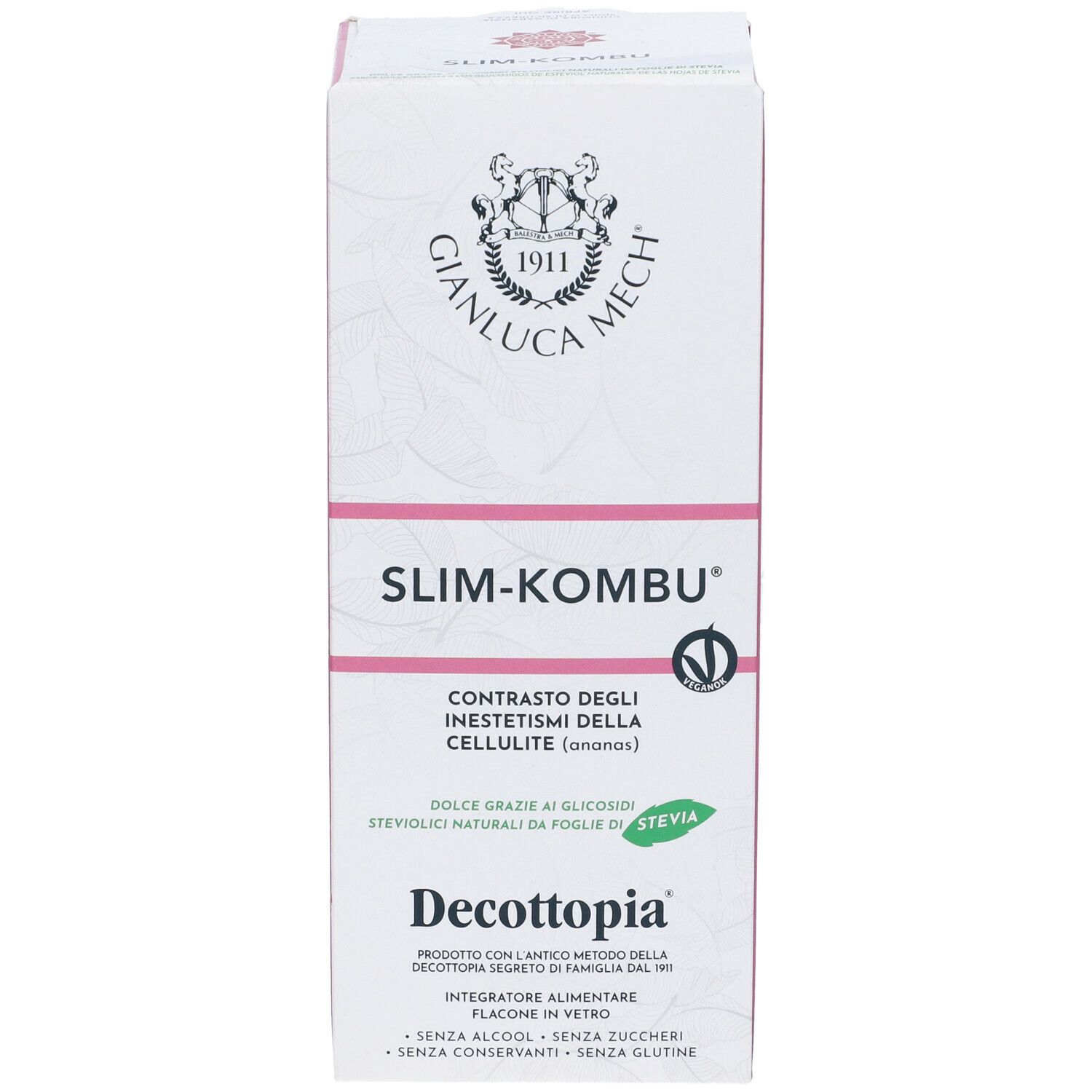 Confezione Slim-Kombu. Scatola bianca con dettagli rosa. Nome prodotto e logo visibili. Foglia di stevia.