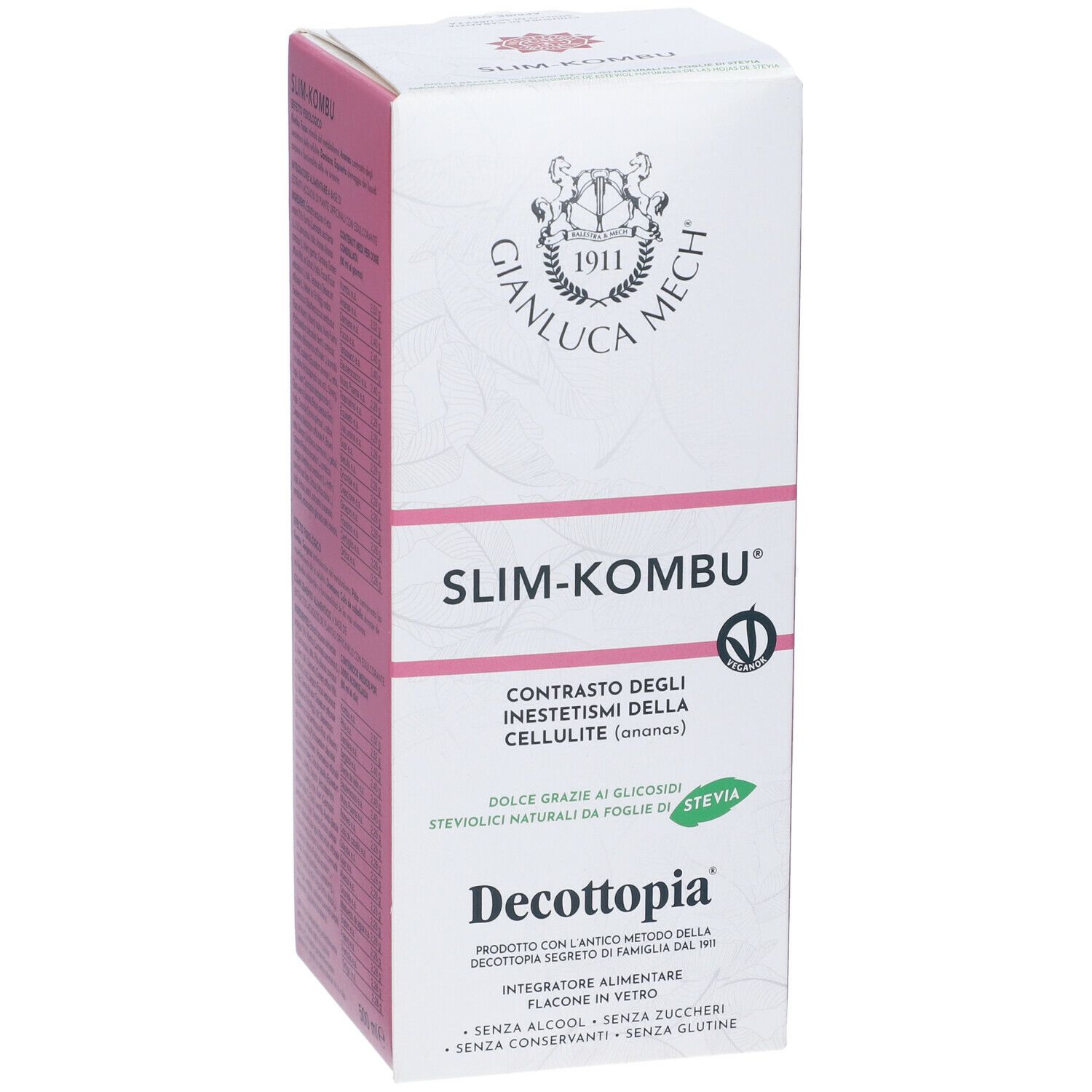 Confezione Slim-Kombu. Scatola bianca con dettagli rosa. Nome prodotto e logo visibili. Foglia di stevia.