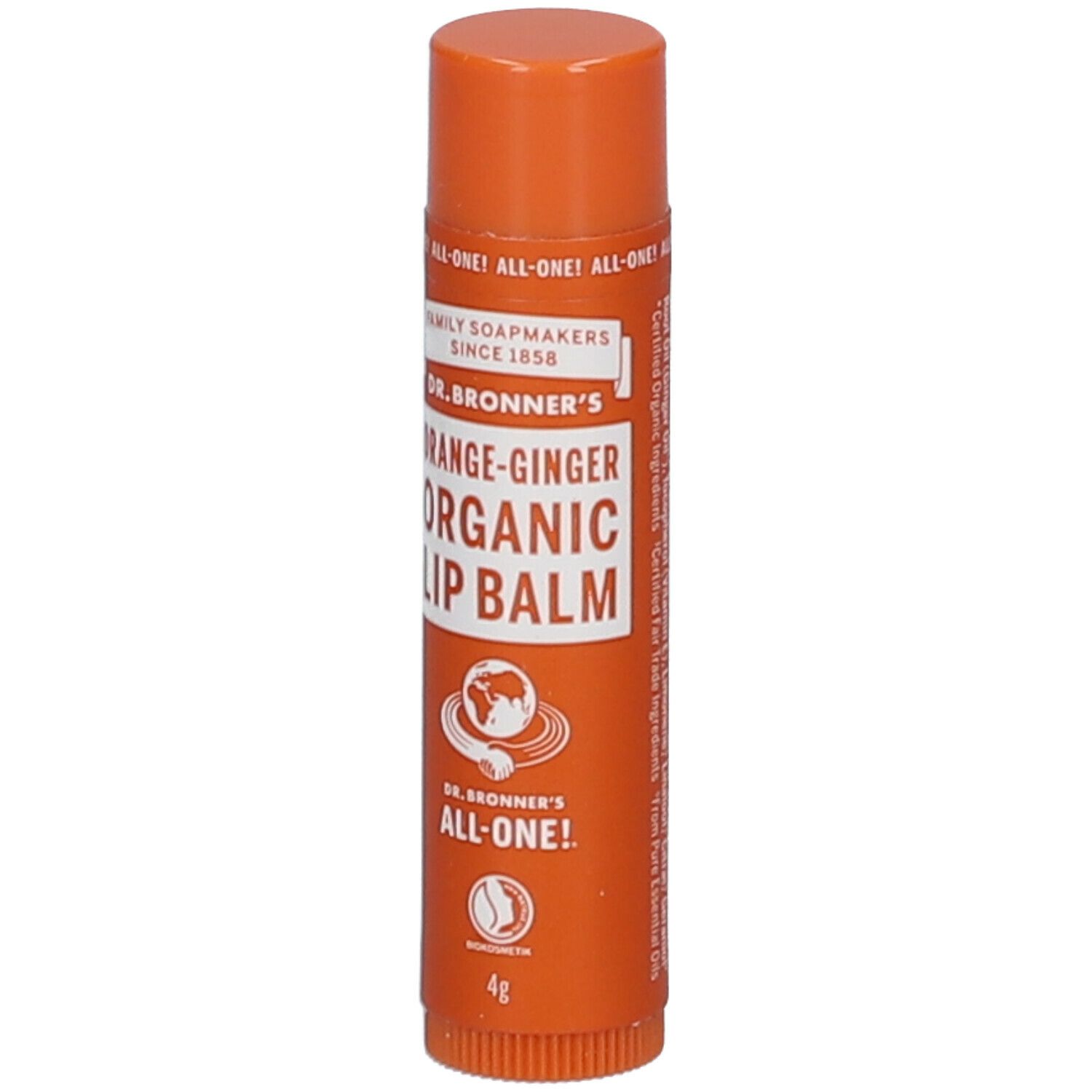 Balsamo labbra arancione. Scritta: Orange-Ginger Organic Lip Balm. Marchio: Dr. Bronner's. 4g.