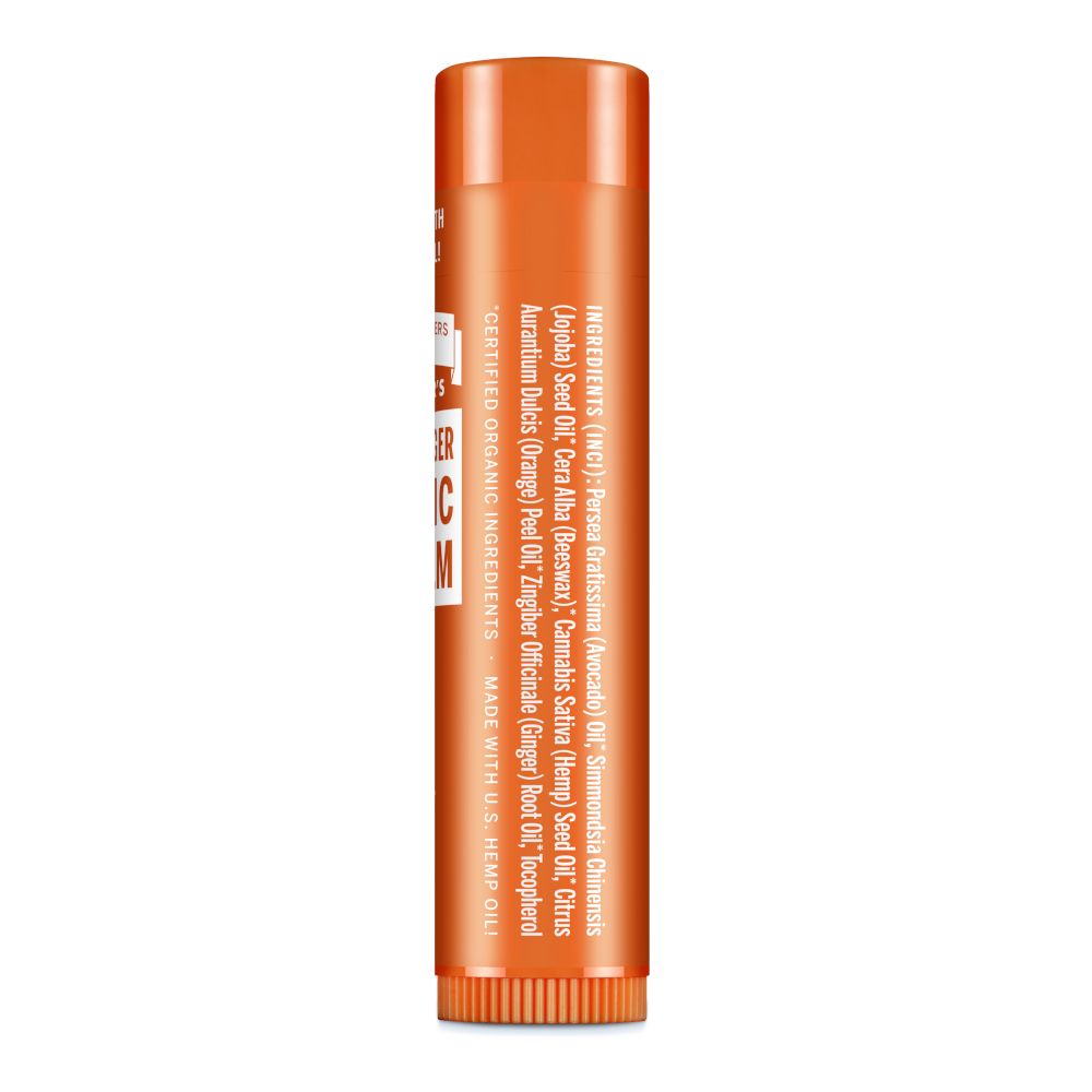 Retro del balsamo labbra. Elenco ingredienti. Testo: Dr. Bronner's. Certificazioni. Fatto con olio di canapa biologico.