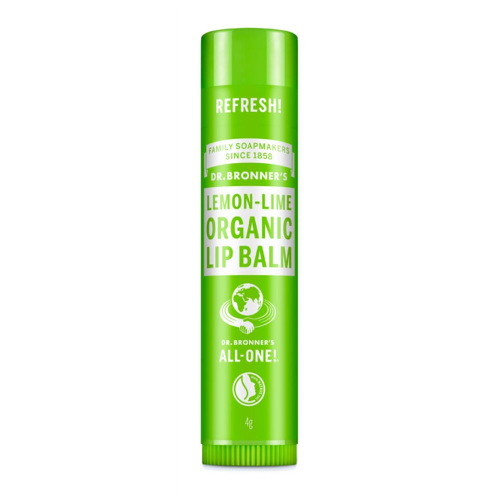 Stick di balsamo per labbra verde. Scritta: Dr. Bronner's Lemon-Lime Organic Lip Balm. Con logo e testo: ALL-ONE!