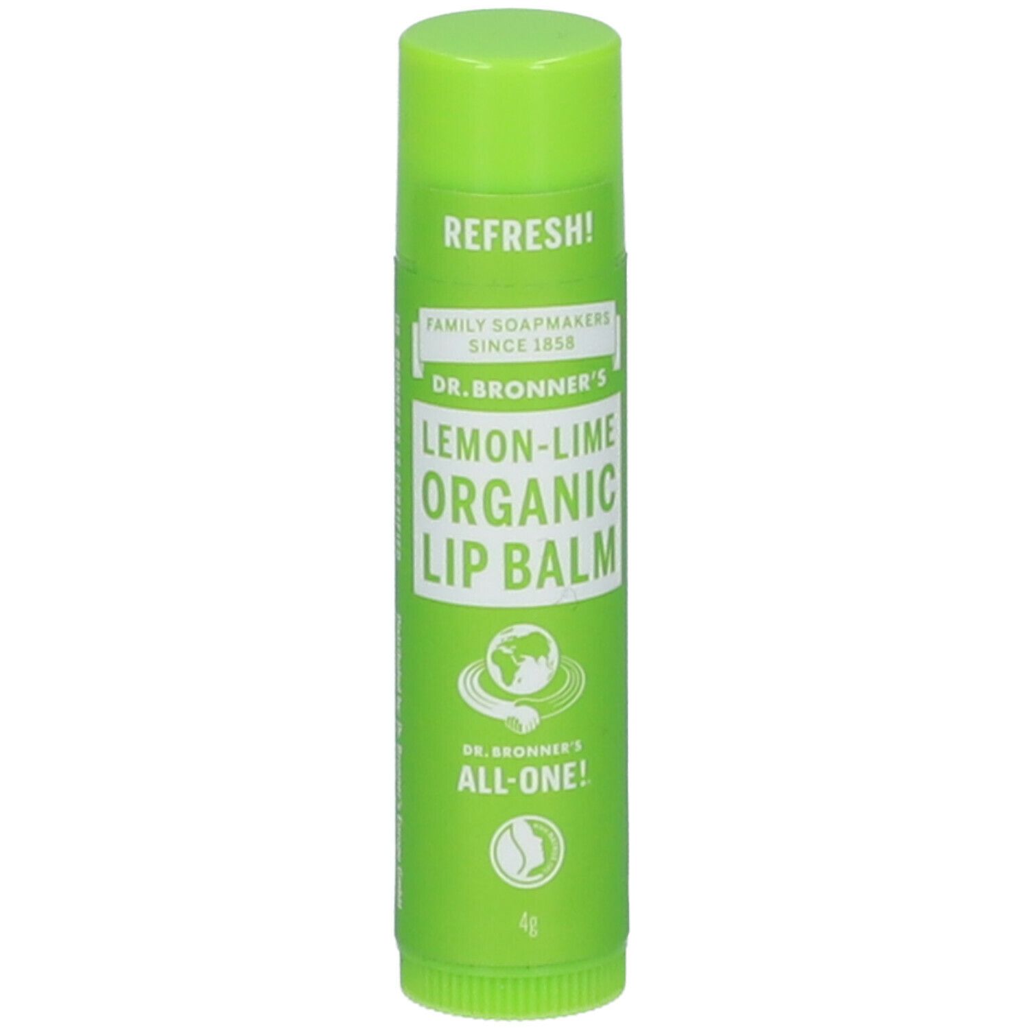 Stick di balsamo per labbra verde. Scritta: Dr. Bronner's Lemon-Lime Organic Lip Balm. Con logo e testo: ALL-ONE!