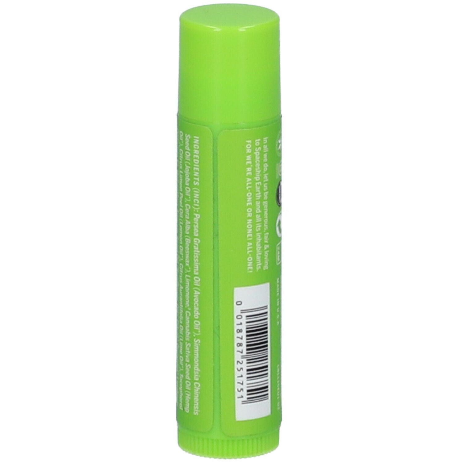 Retro dello stick di balsamo per labbra verde. Elenco ingredienti e testo. Ingredienti biologici certificati. Realizzato con olio di canapa biologico.