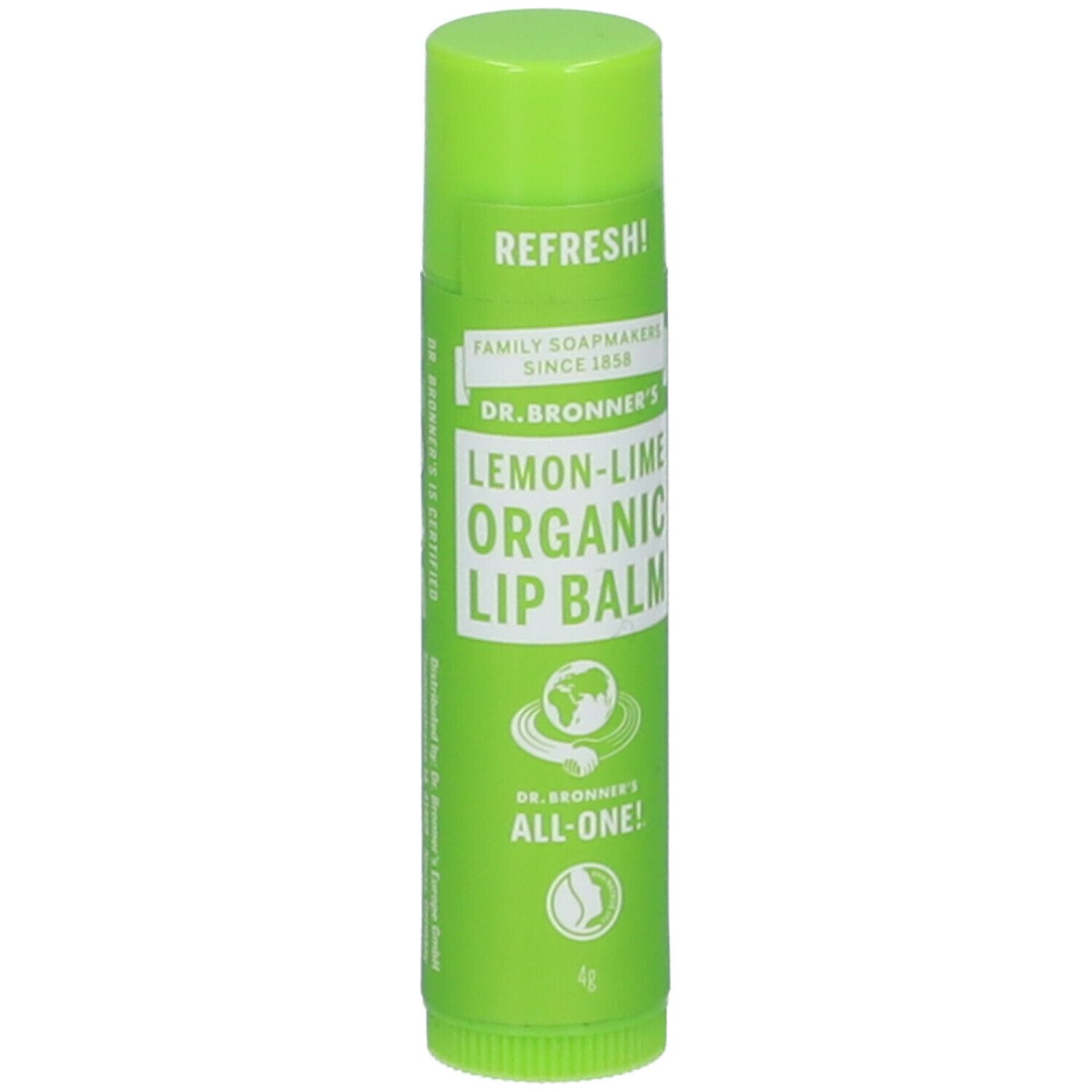 Stick di balsamo per labbra verde. Scritta: Dr. Bronner's Lemon-Lime Organic Lip Balm. Con logo e testo: ALL-ONE!