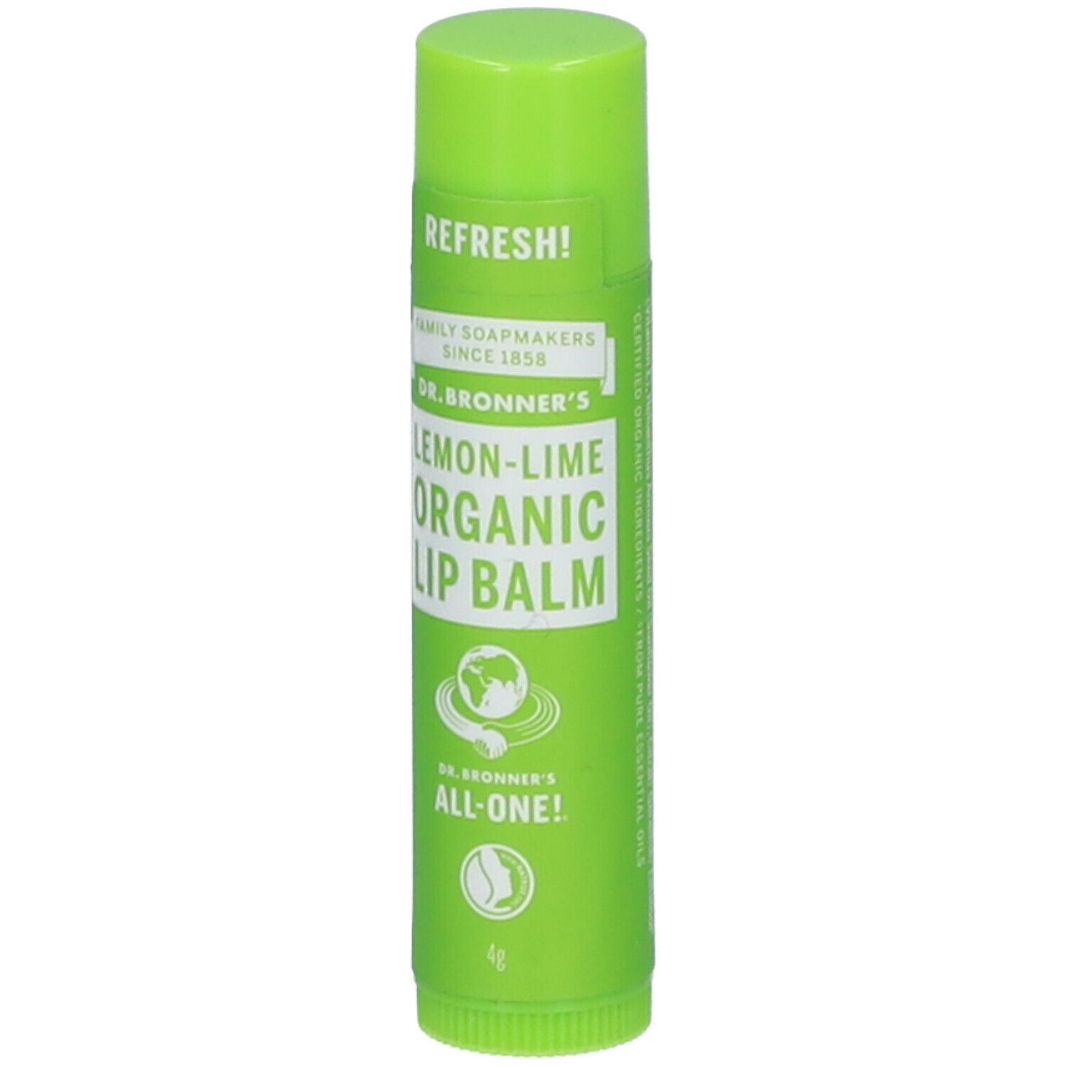 Stick di balsamo per labbra verde. Scritta: Dr. Bronner's Lemon-Lime Organic Lip Balm. Con logo e testo: ALL-ONE!