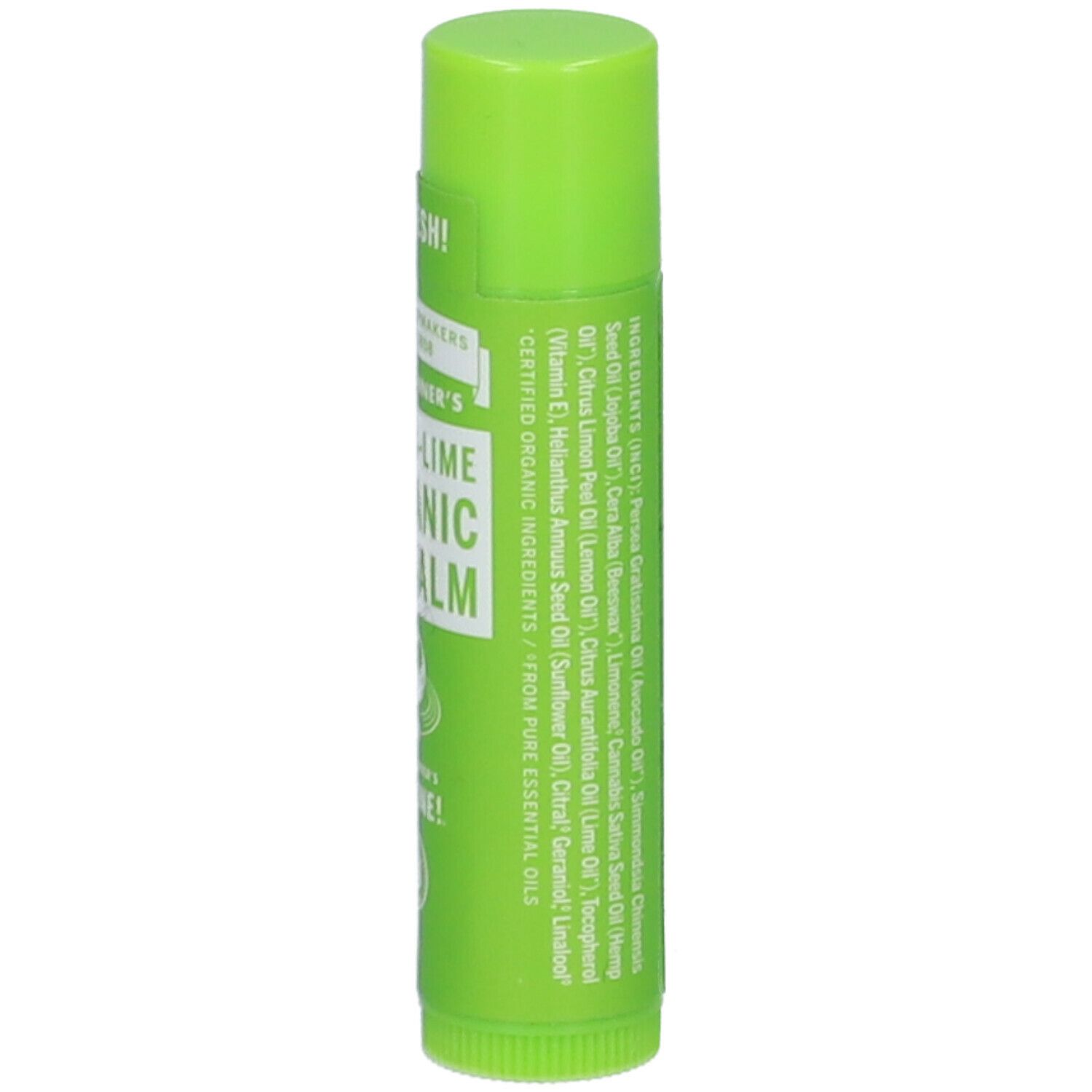 Retro dello stick di balsamo per labbra verde. Elenco ingredienti e testo. Ingredienti biologici certificati. Realizzato con olio di canapa biologico.