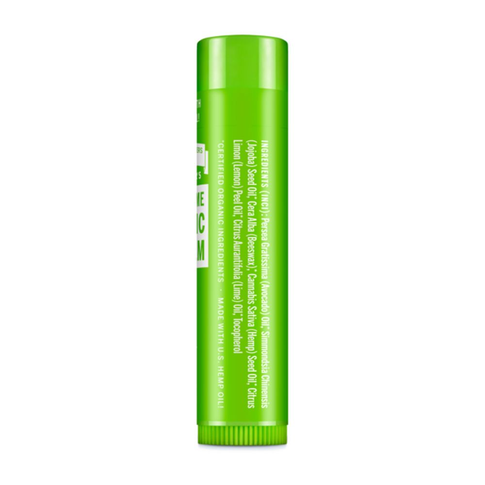 Retro dello stick di balsamo per labbra verde. Elenco ingredienti e testo. Ingredienti biologici certificati. Realizzato con olio di canapa biologico.