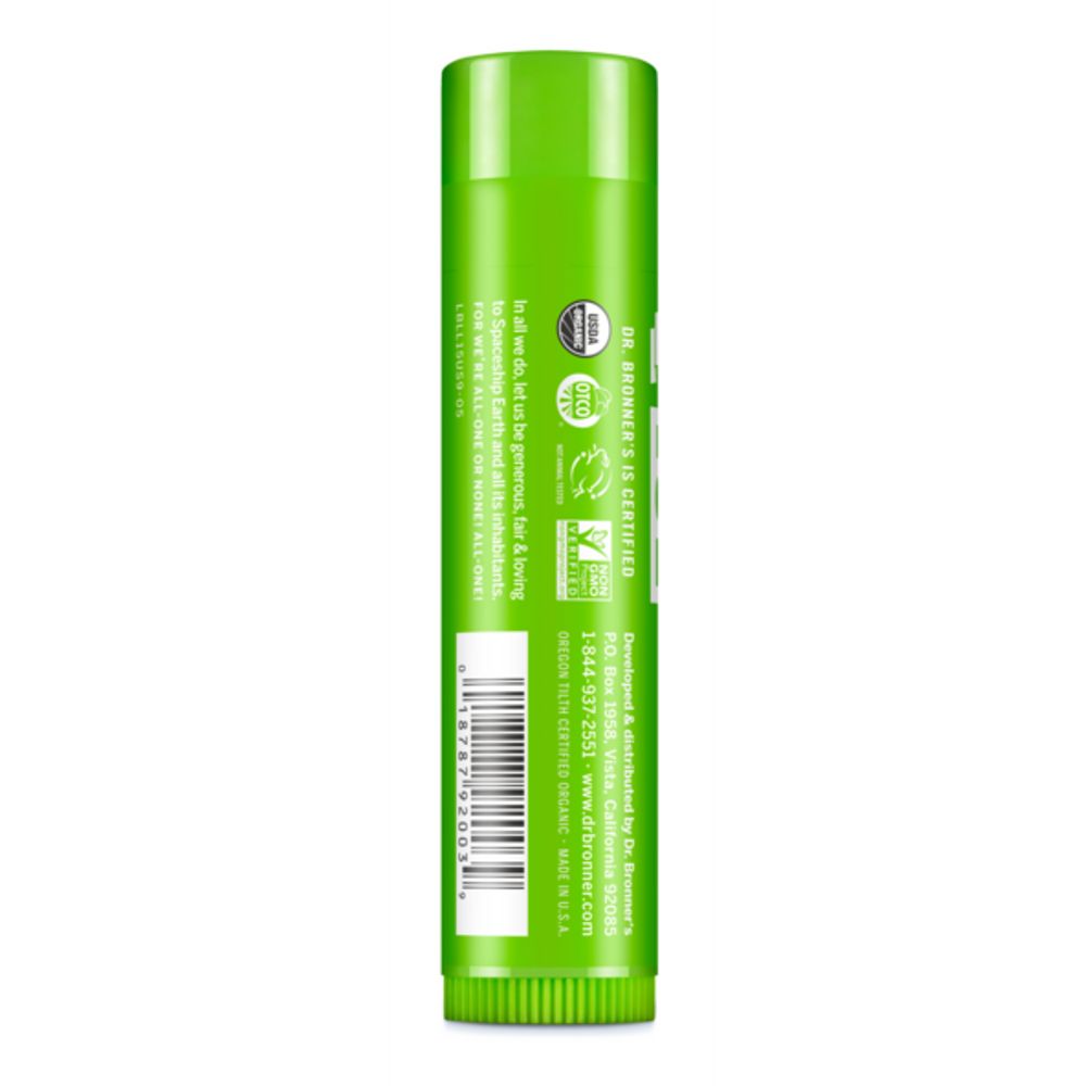 Retro dello stick di balsamo per labbra verde. Testo e codice a barre. Certificazioni e informazioni di contatto. Prodotto negli Stati Uniti.