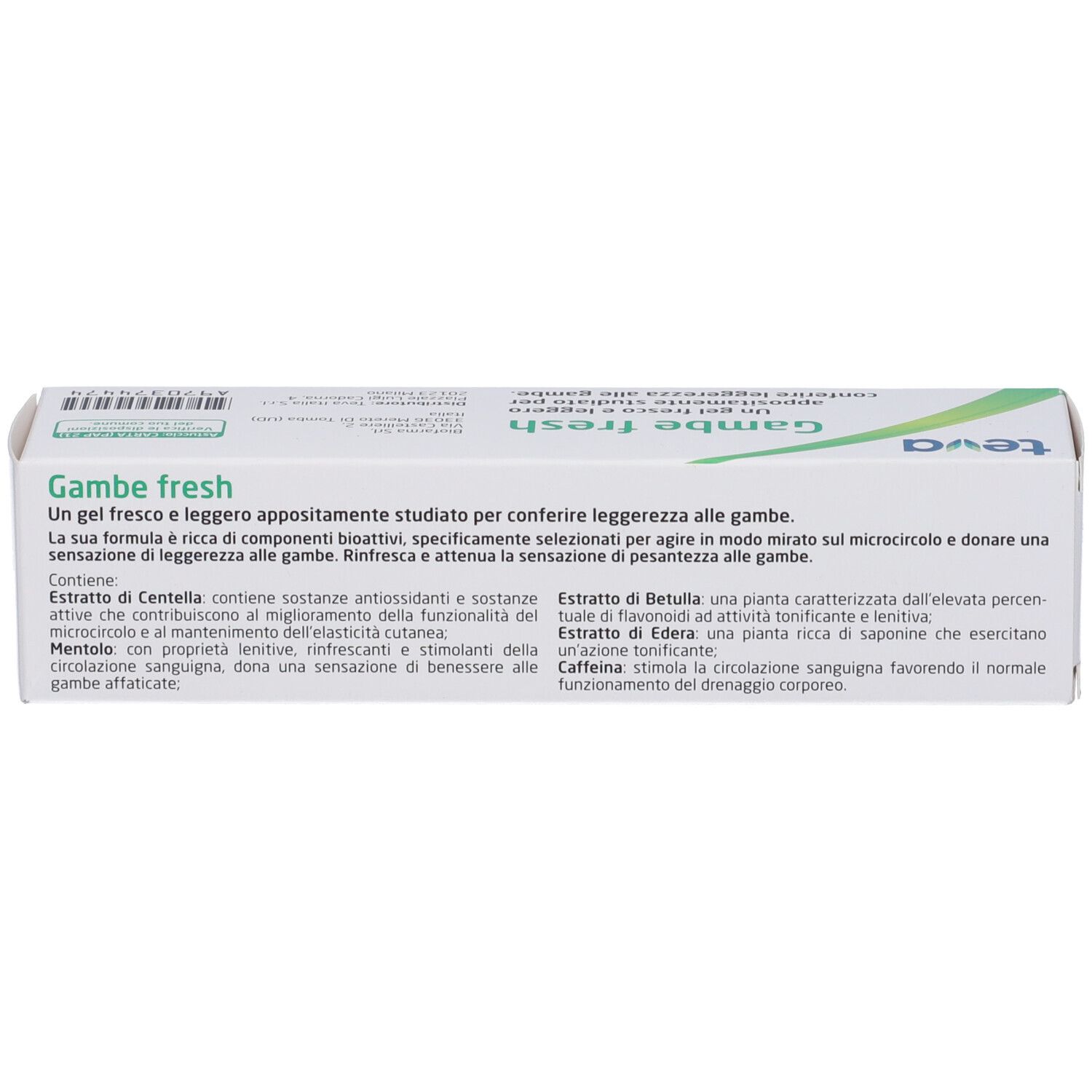 Confezione del prodotto, testo in italiano. Testo: Gambe fresh, Teva. Ingredienti e descrizione.