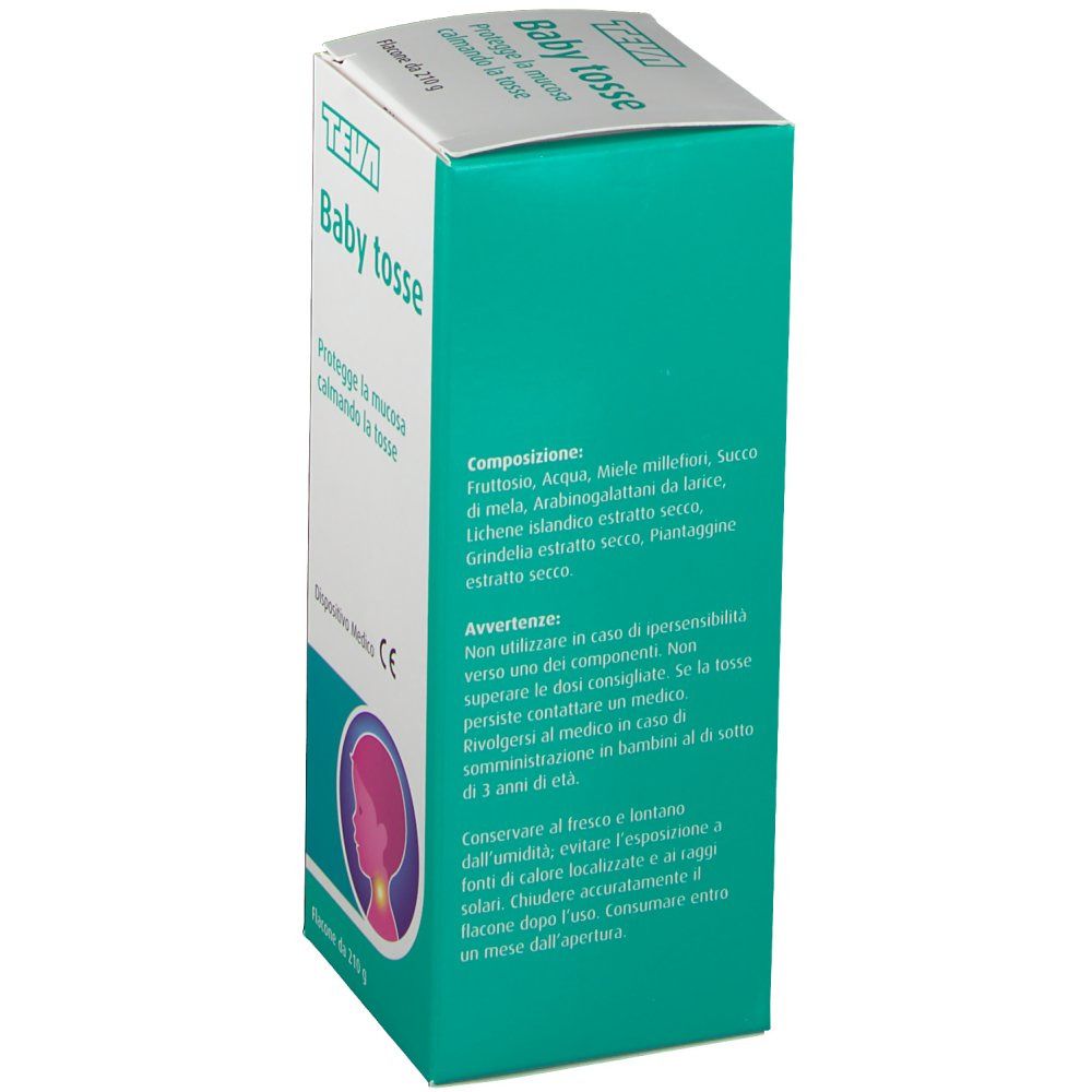 Scatola TEVA Baby Tosse. Confezione verde e bianca con nome del prodotto e dettagli. Marchio CE.