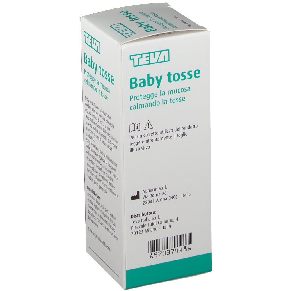 Scatola TEVA Baby Tosse. Bianca con nome del prodotto e testo. Contiene informazioni sul produttore e sul distributore.