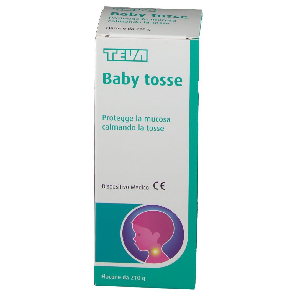 Scatola TEVA Baby Tosse. Bianca con nome del prodotto e testo. Contiene un'illustrazione e il marchio CE.