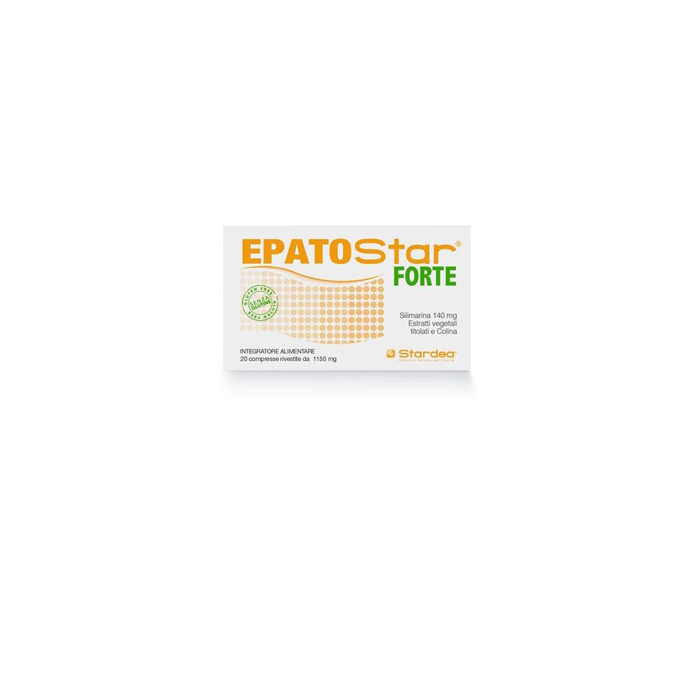 Scatola EPATOStar FORTE. Logo verde-arancione. Contiene 20 compresse. Scritta: Silimarina, estratti vegetali e colina.