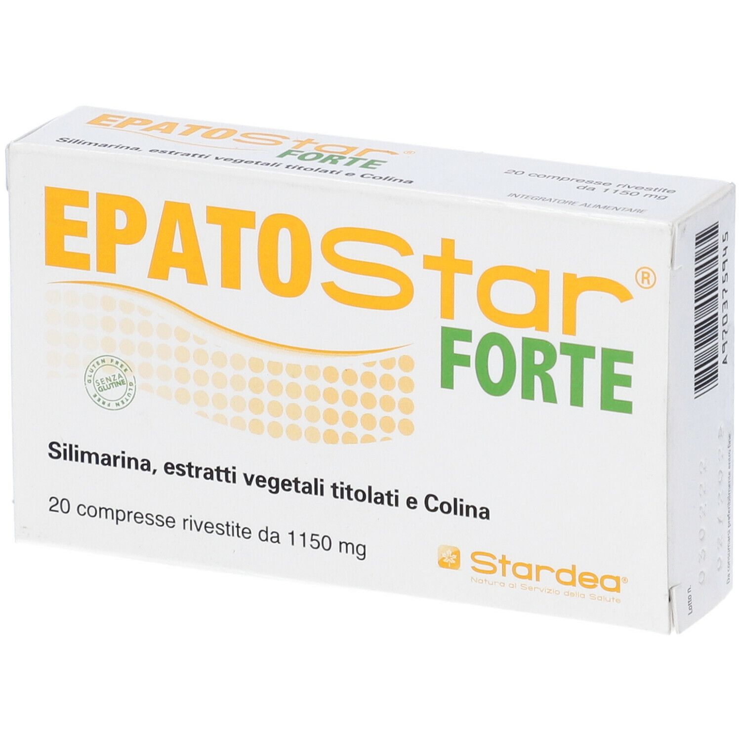 Scatola EPATOStar FORTE. Bianca con accenti verdi e arancioni. Contiene 20 compresse. Scritta: Silimarina, estratti vegetali e colina.