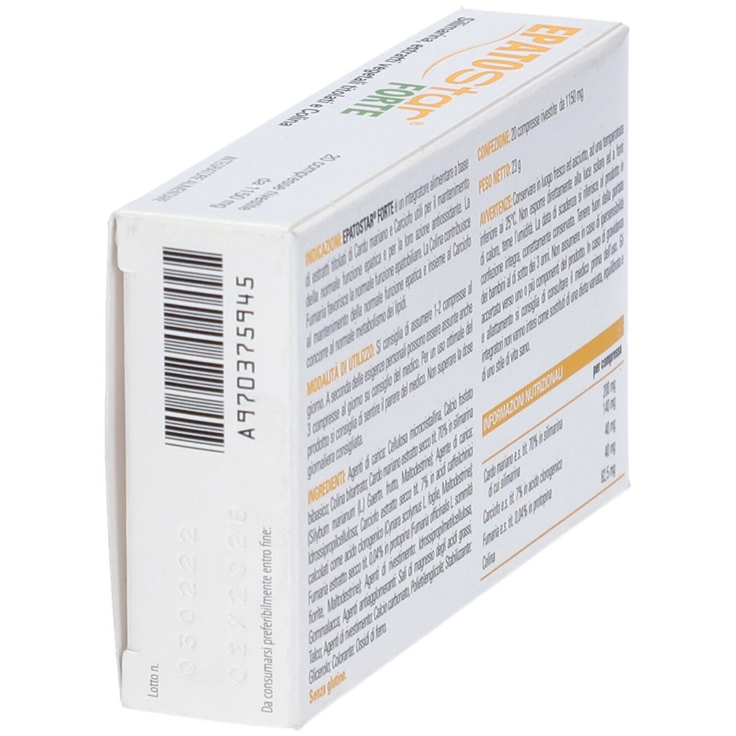 Scatola EPATOStar FORTE. Vista laterale con codice a barre. Contiene 20 compresse. Logo e testo del produttore.