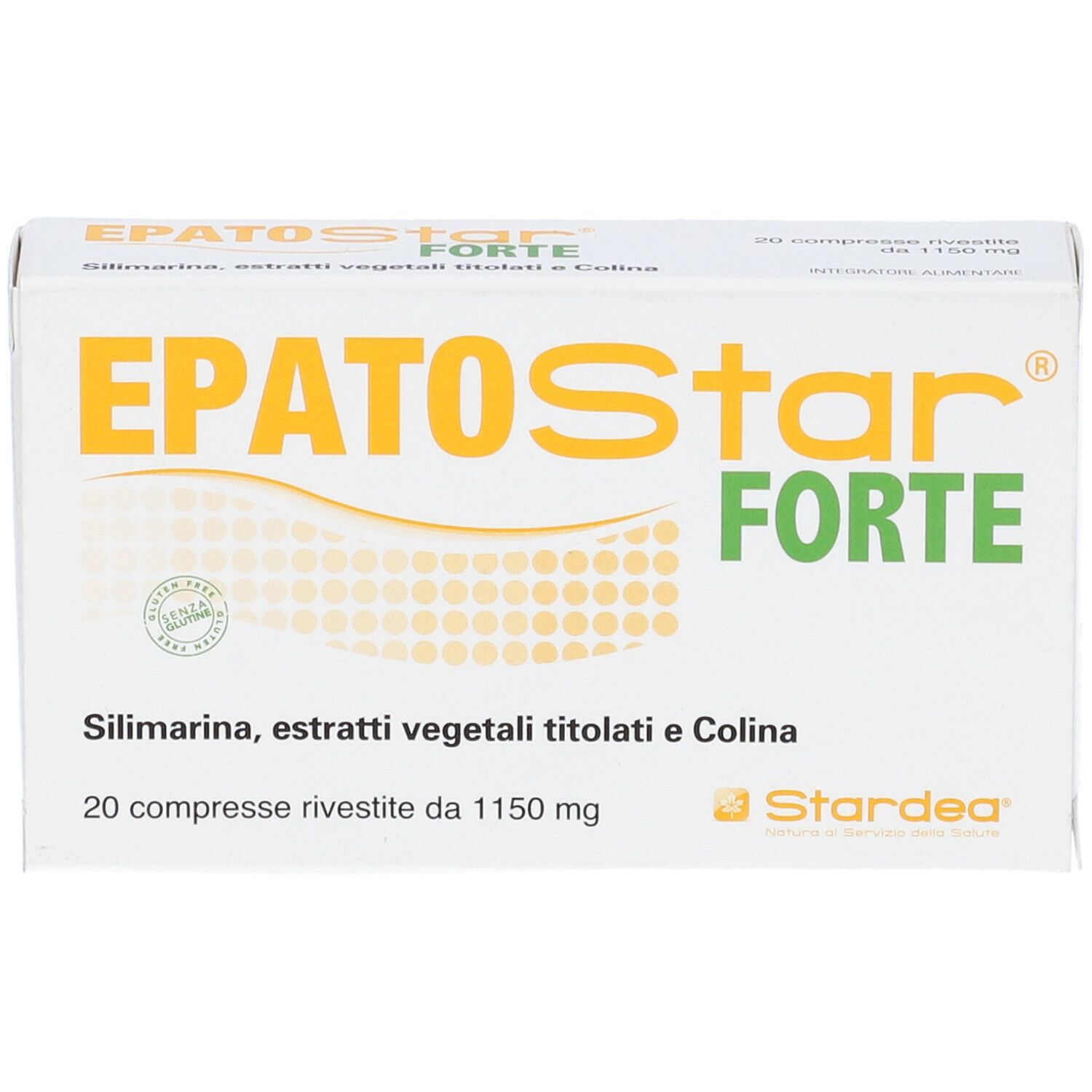 Scatola EPATOStar FORTE. Bianca con accenti verdi e arancioni. Contiene 20 compresse. Scritta: Silimarina, estratti vegetali e colina.
