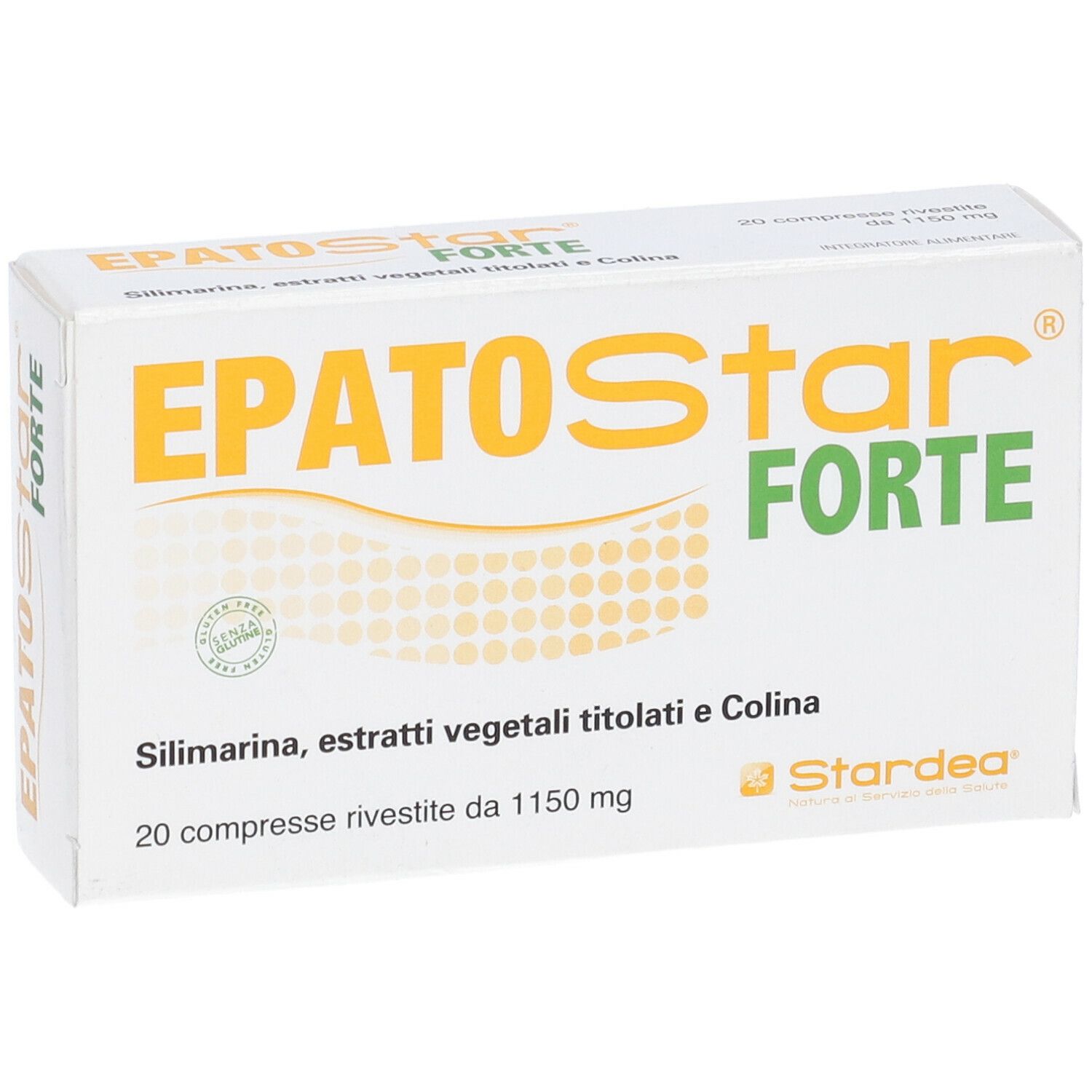 Scatola EPATOStar FORTE. Bianca con accenti verdi e arancioni. Contiene 20 compresse. Scritta: Silimarina, estratti vegetali e colina.