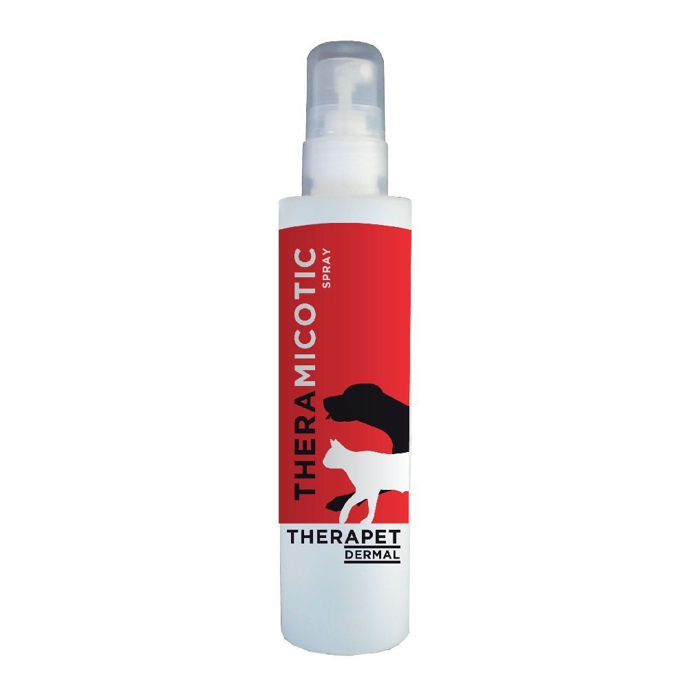 Flacone spray bianco con etichetta rossa. Scritta: THERAMICOTIC SPRAY, THERAPET DERMAL. Illustrazione cane e gatto.