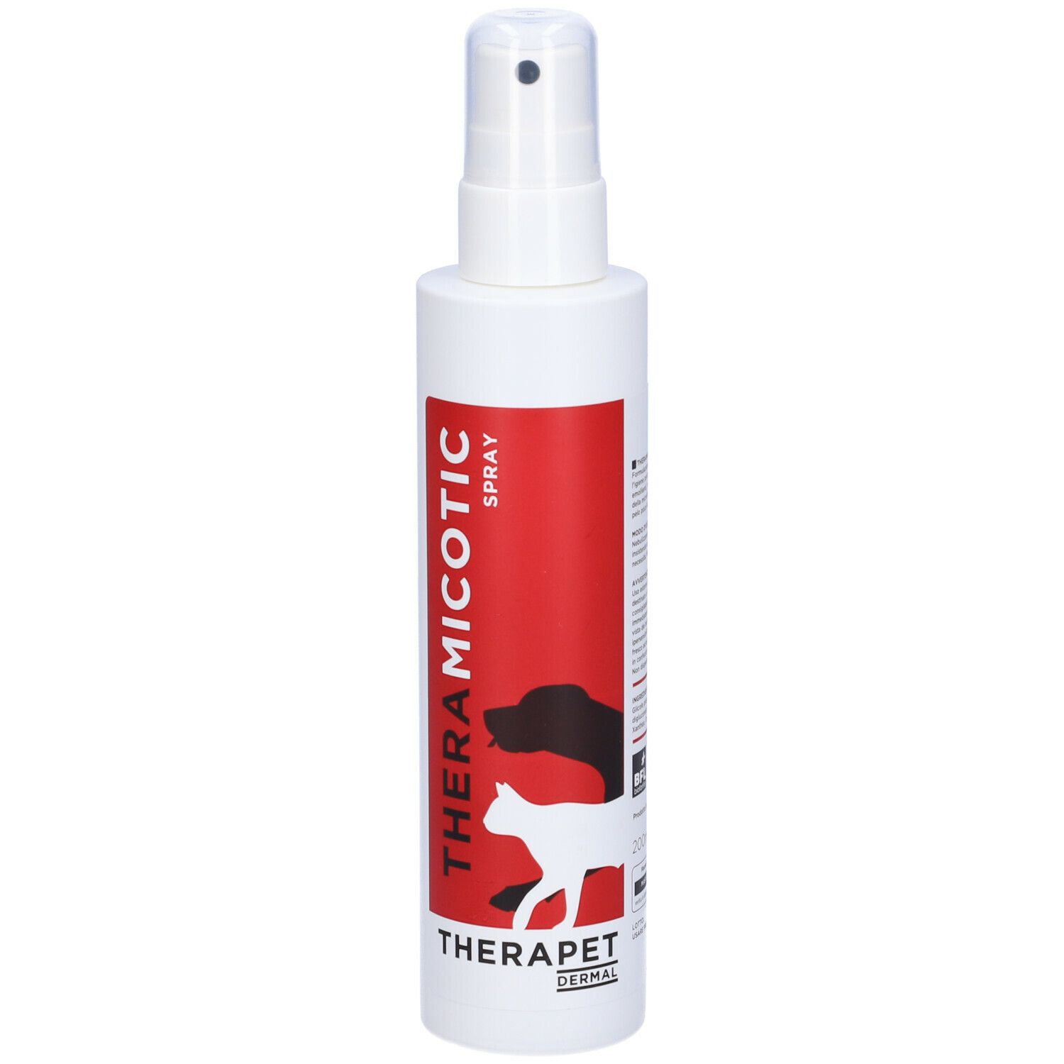 Flacone spray bianco con etichetta rossa. Scritta: THERAMICOTIC SPRAY, THERAPET DERMAL. Illustrazione cane e gatto.