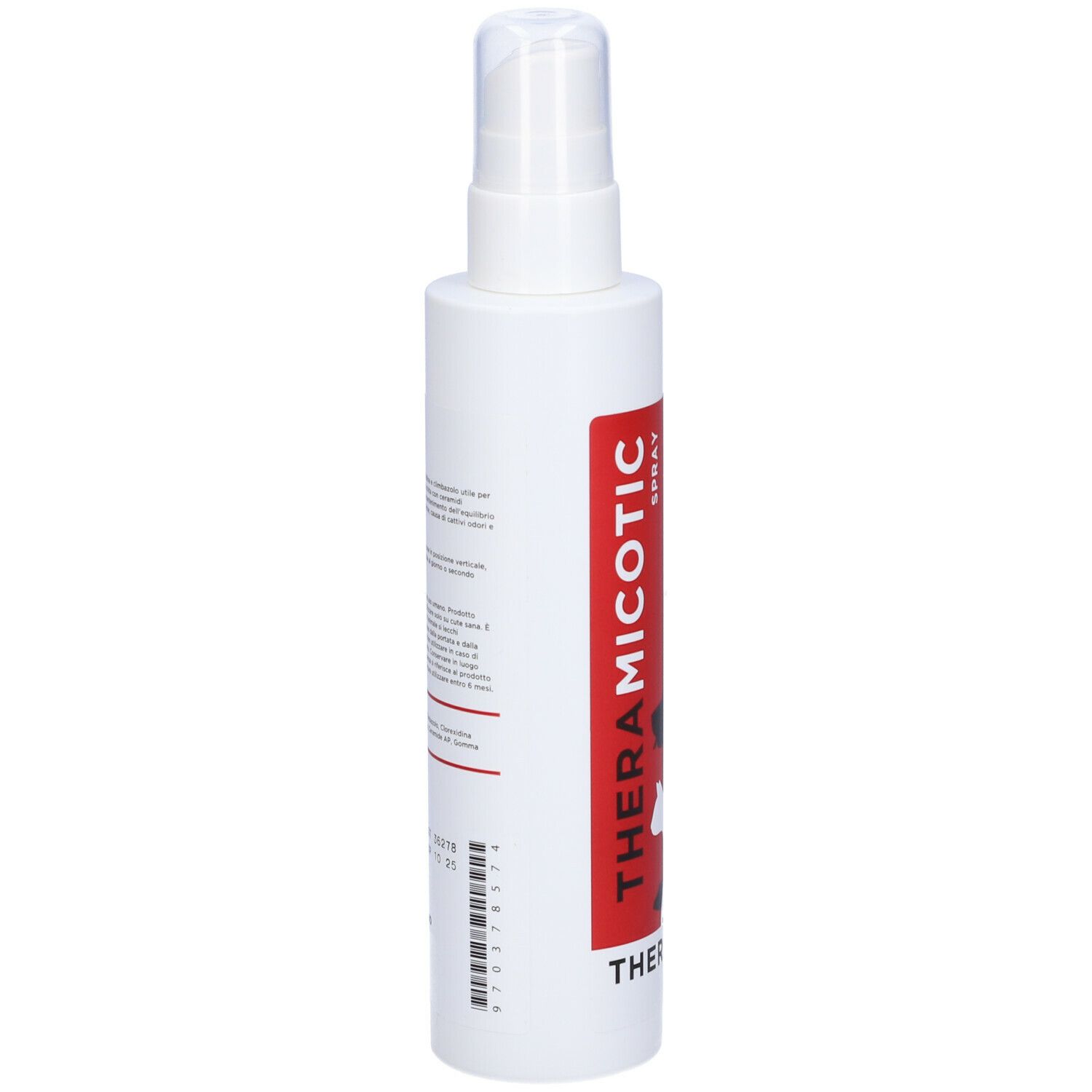 Flacone spray bianco con etichetta rossa. Scritta: THERAMICOTIC SPRAY, THERAPET. Testo e codice a barre sul retro.