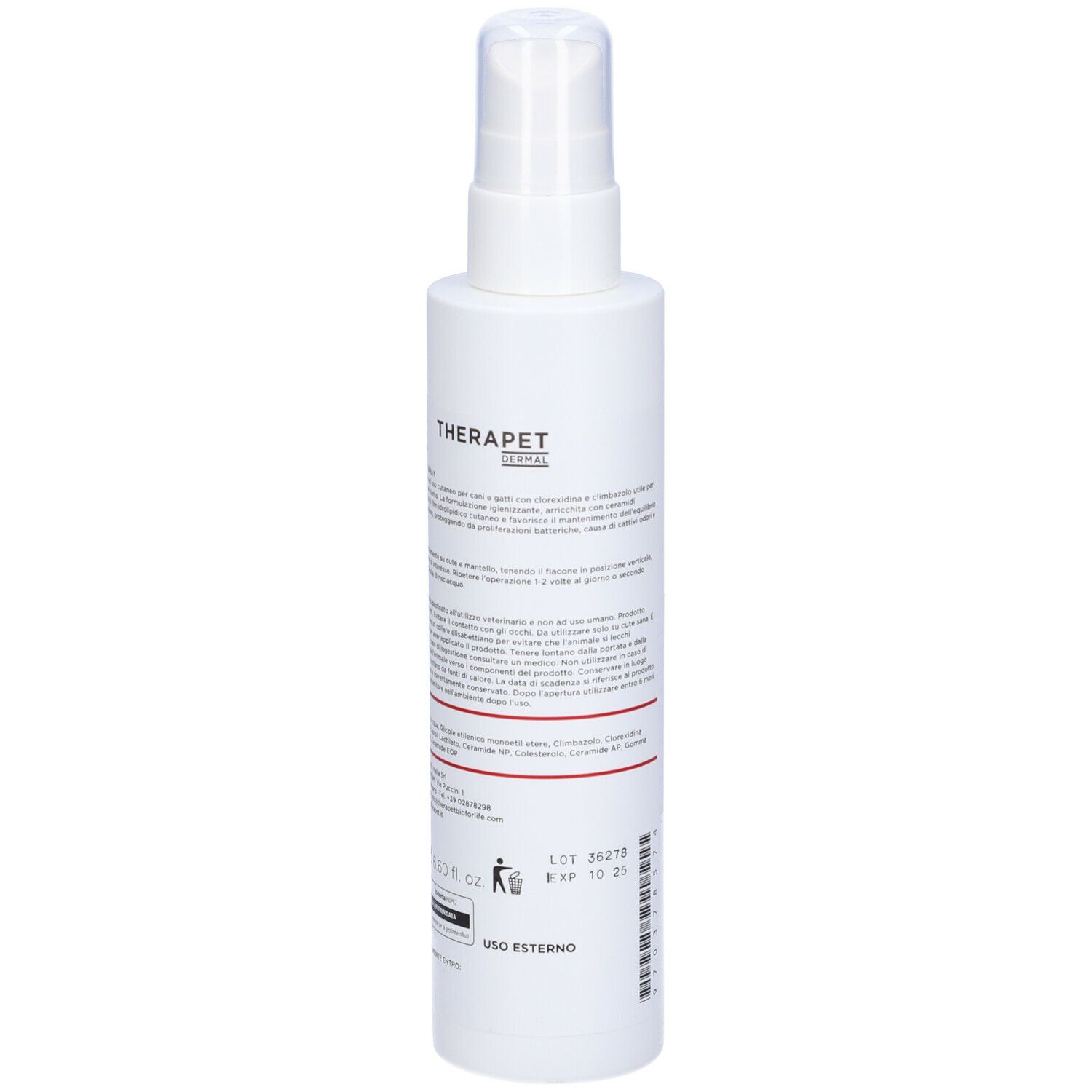 Flacone spray bianco con etichetta rossa. Scritta: THERAMICOTIC SPRAY, THERAPET. Testo e codice a barre sul retro.