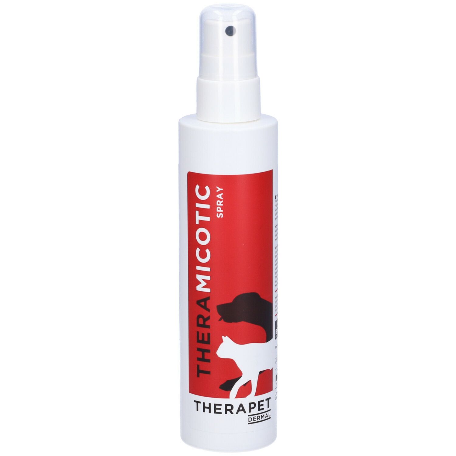 Flacone spray bianco con etichetta rossa. Scritta: THERAMICOTIC SPRAY, THERAPET DERMAL. Illustrazione cane e gatto.