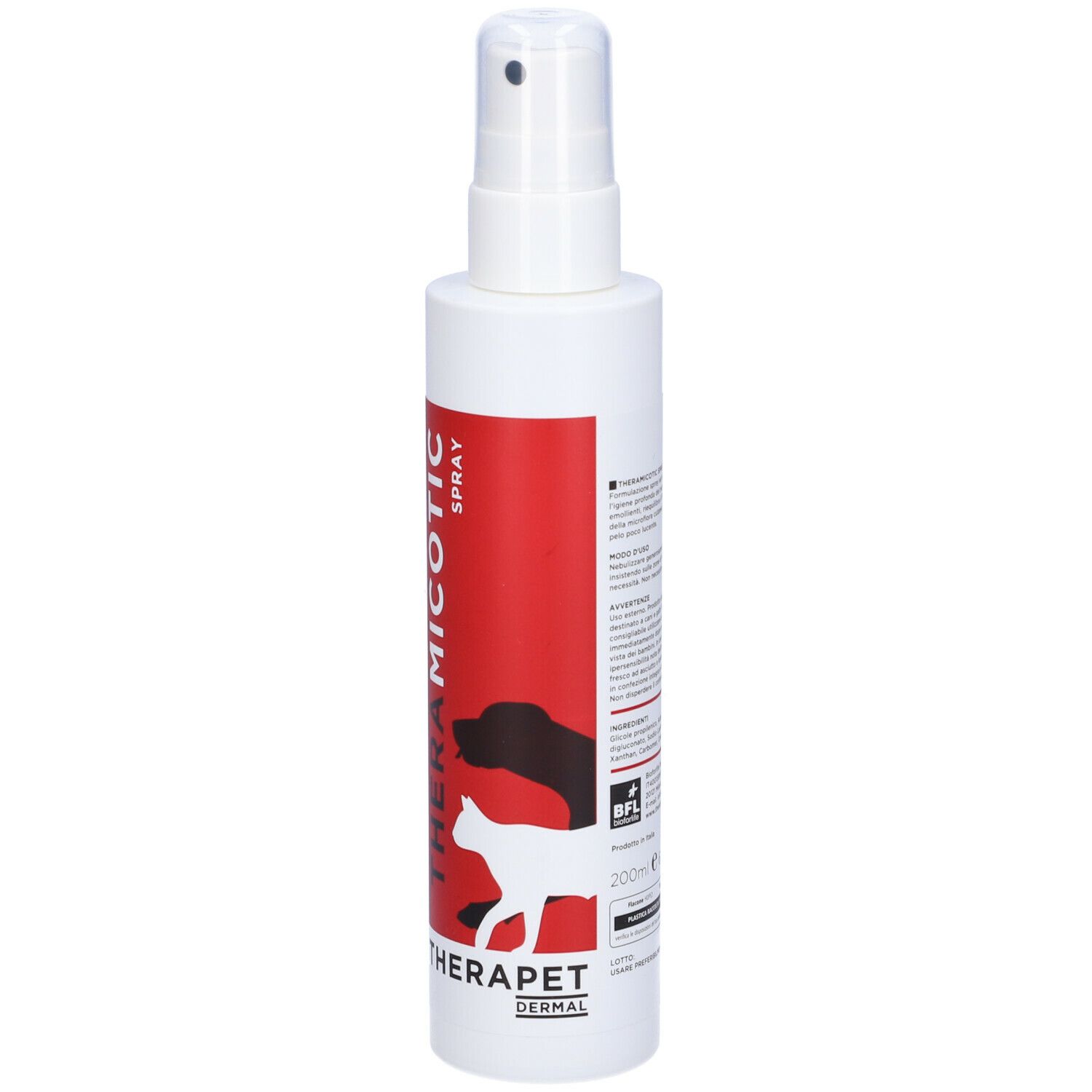 Flacone spray bianco con etichetta rossa. Scritta: THERAMICOTIC SPRAY, THERAPET. Logo BFL e indicazione del volume 200ml.
