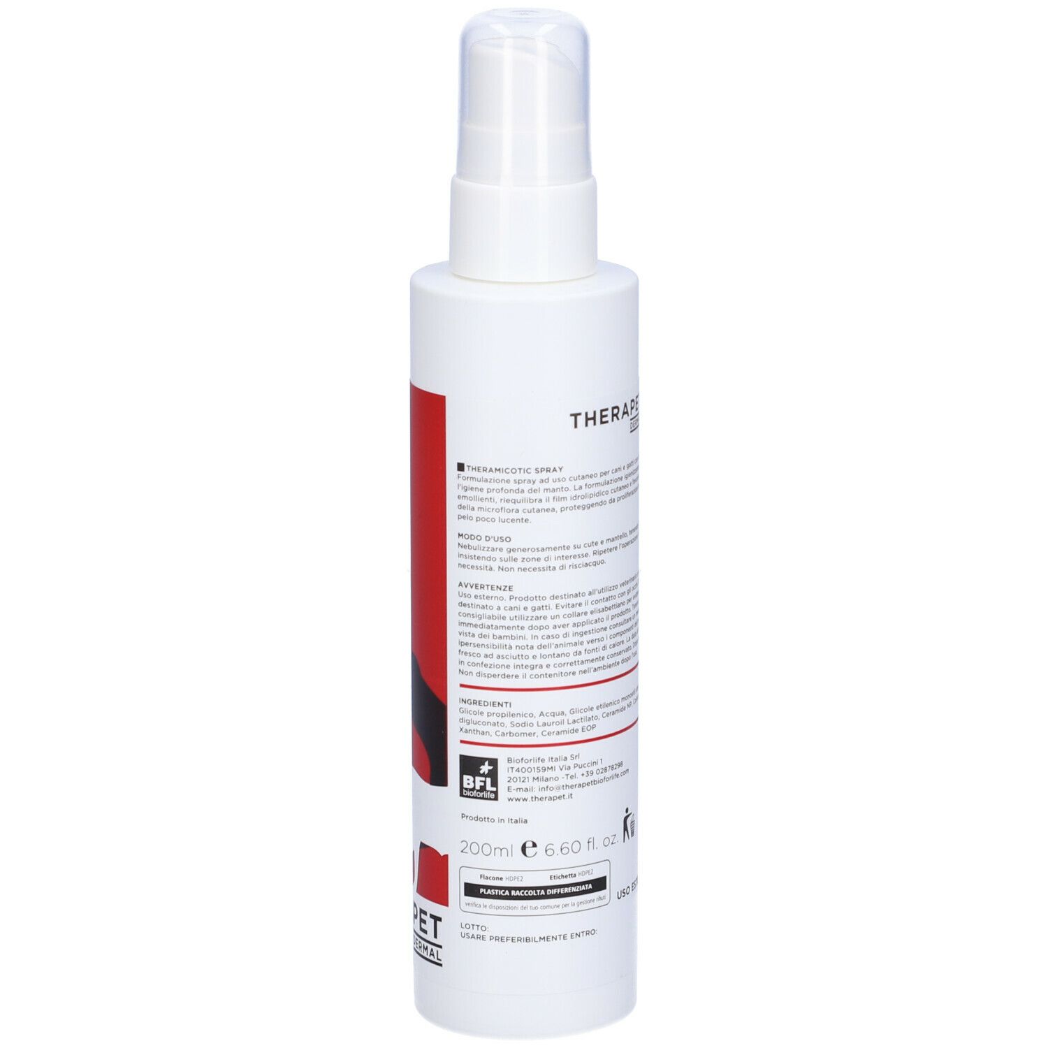 Flacone spray bianco con etichetta rossa. Scritta: THERAMICOTIC SPRAY, THERAPET. Logo BFL, volume 200ml e testo.