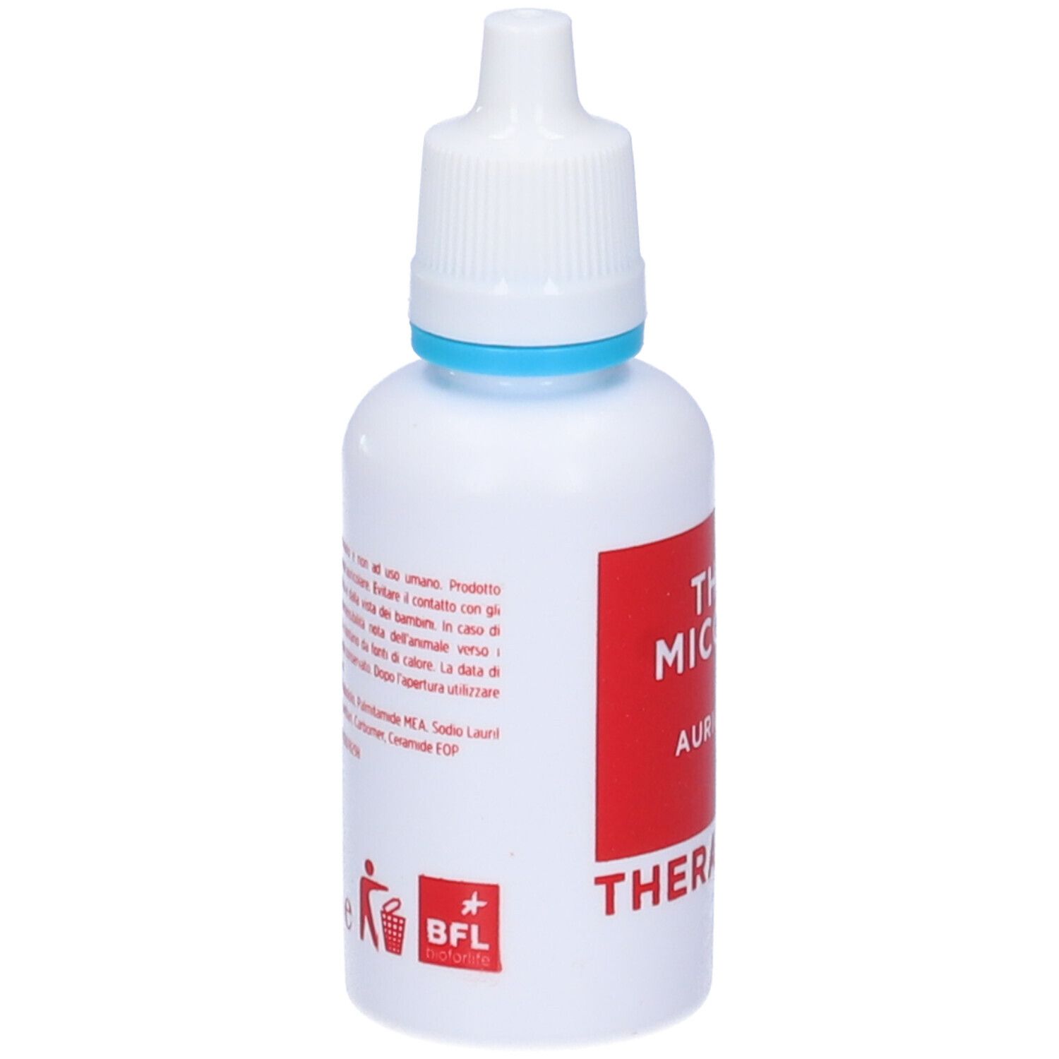 Flacone bianco con etichetta rossa. Scritta: THERAMICOTIC Gocce Auricolari. Marchio: THERAPET DERMAL. Con simbolo riciclo.