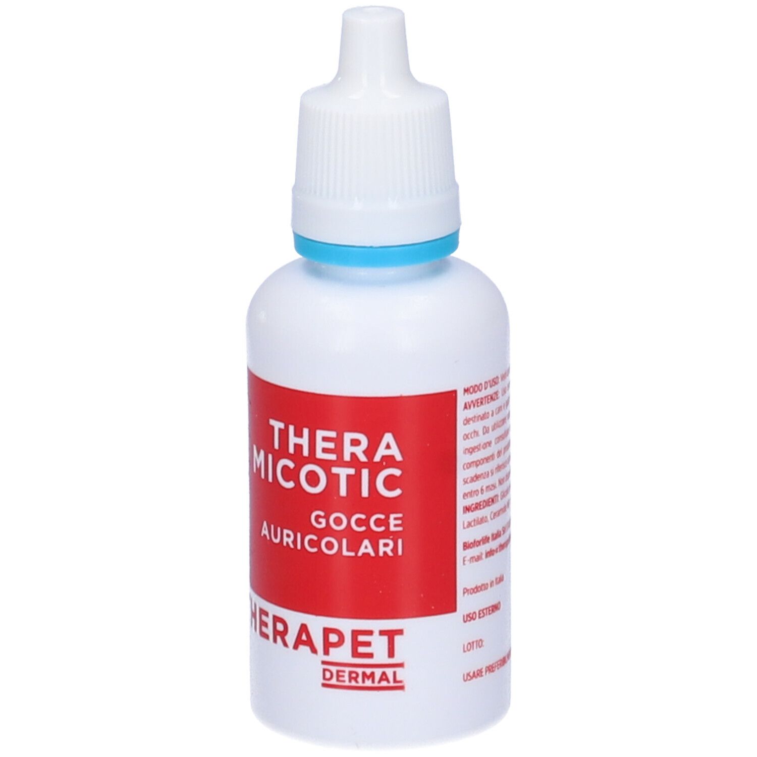 Flacone bianco con etichetta rossa. Scritta: THERAMICOTIC Gocce Auricolari. Marchio: THERAPET DERMAL. Con istruzioni.