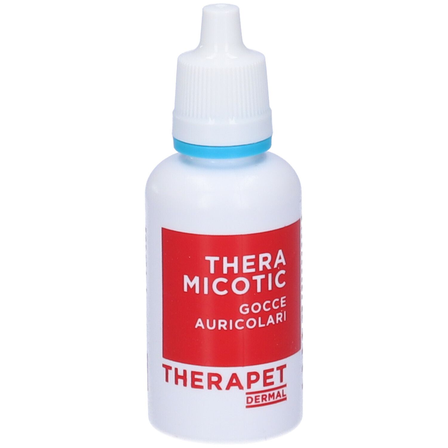 Flacone bianco con etichetta rossa. Scritta: THERAMICOTIC Gocce Auricolari. Marchio: THERAPET DERMAL.