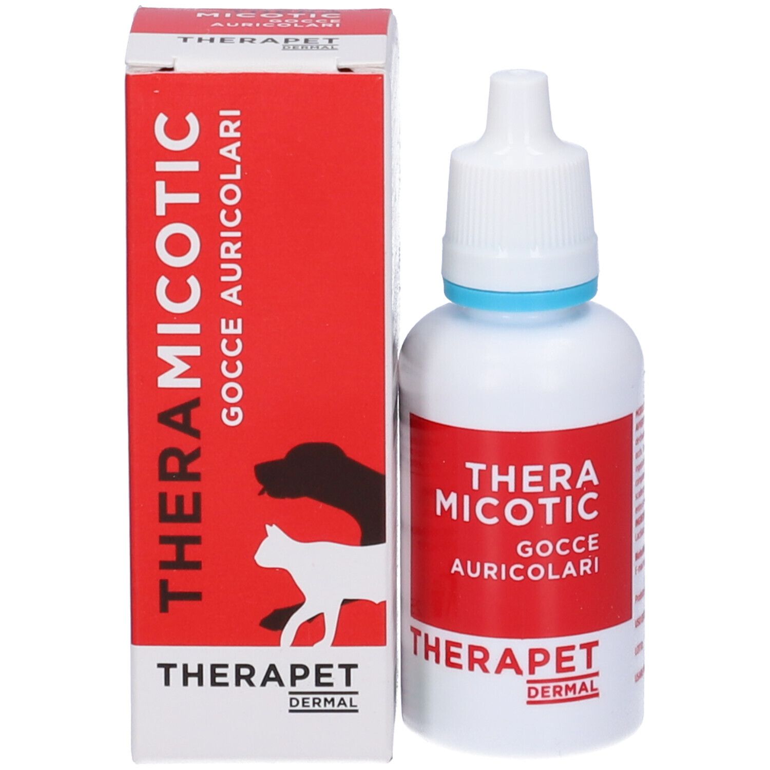 Confezione e flacone. Scritta: THERAMICOTIC Gocce Auricolari. Marchio: THERAPET DERMAL. Con silhouette animali.