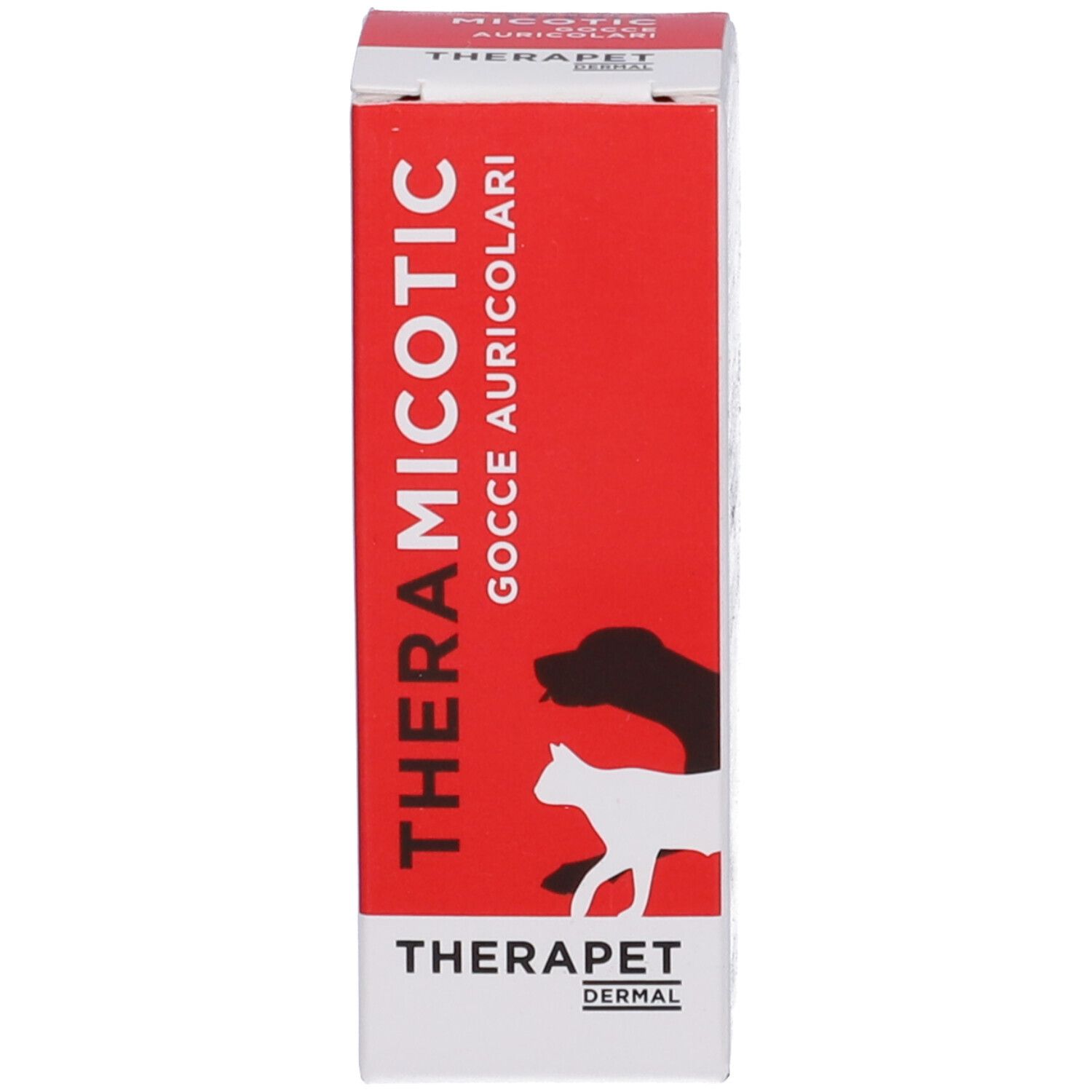 Confezione del prodotto. Scritta: THERAMICOTIC Gocce Auricolari. Marchio: THERAPET DERMAL. Con silhouette animali.