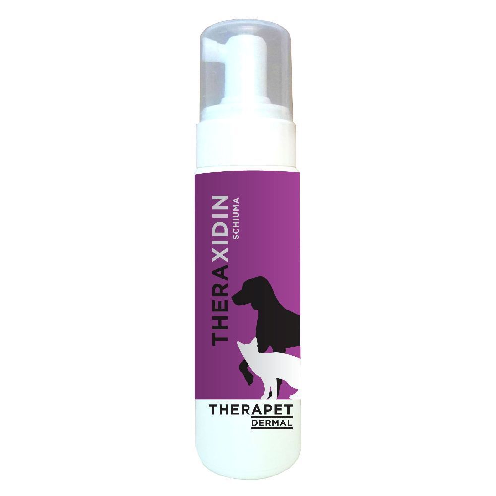 Flacone bianco con etichetta viola. L'etichetta riporta "THERAXIDIN SCHIUMA" e una sagoma di cane e gatto. "THERAPET DERMAL" sotto.