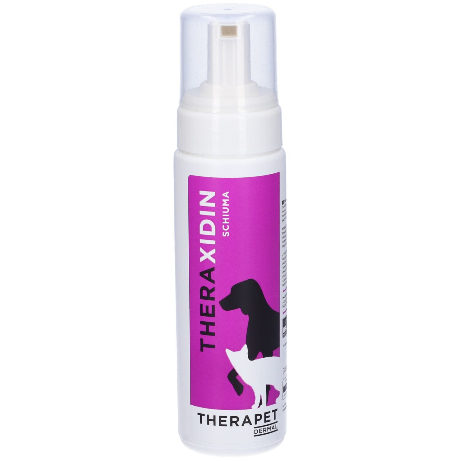 Flacone bianco con etichetta viola. L'etichetta riporta "THERAXIDIN SCHIUMA" e una sagoma di cane e gatto. "THERAPET DERMAL" sotto.