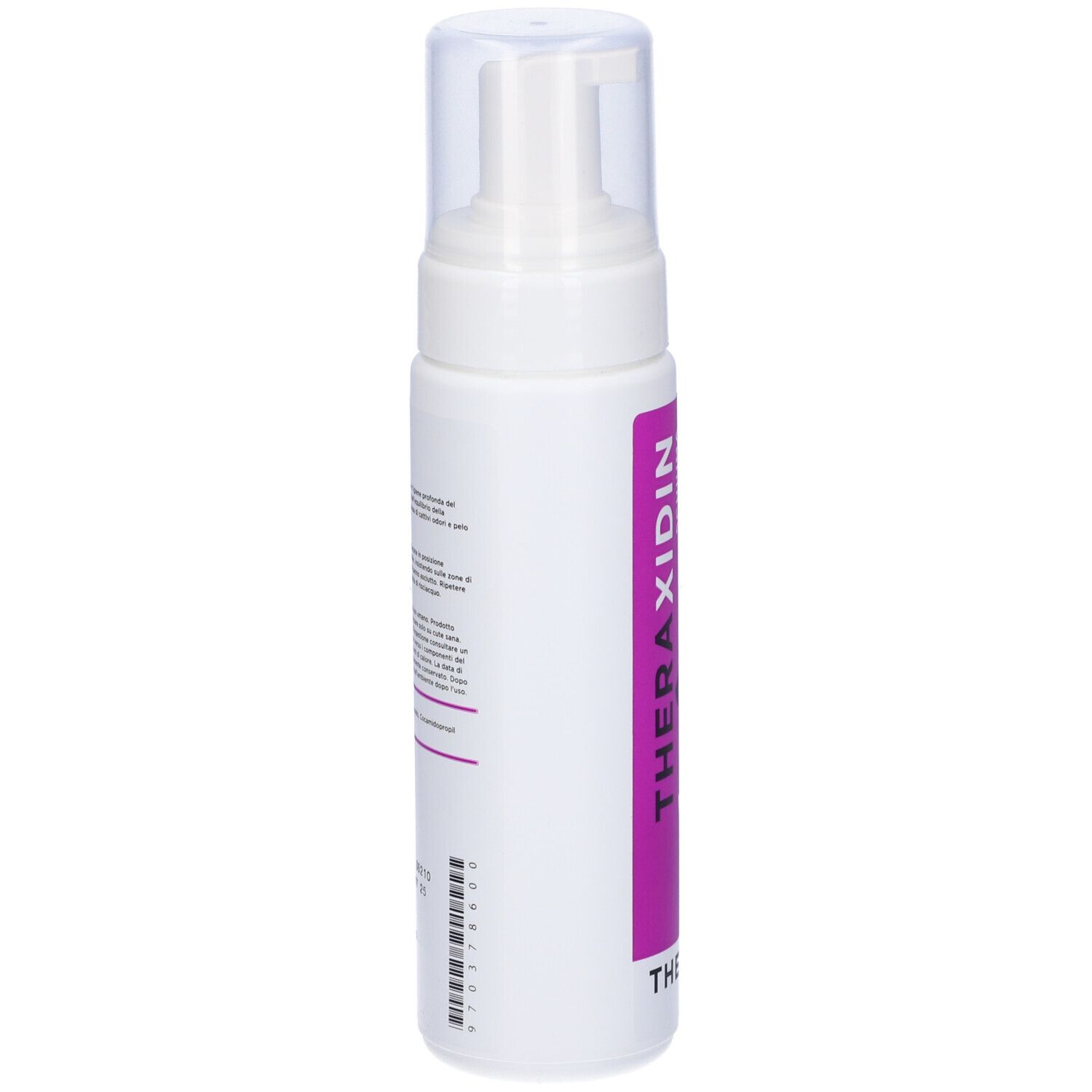Flacone bianco con etichetta viola. L'etichetta riporta "THERAXIDIN SCHIUMA" e una sagoma di cane e gatto. "THERAPET DERMAL" sotto.