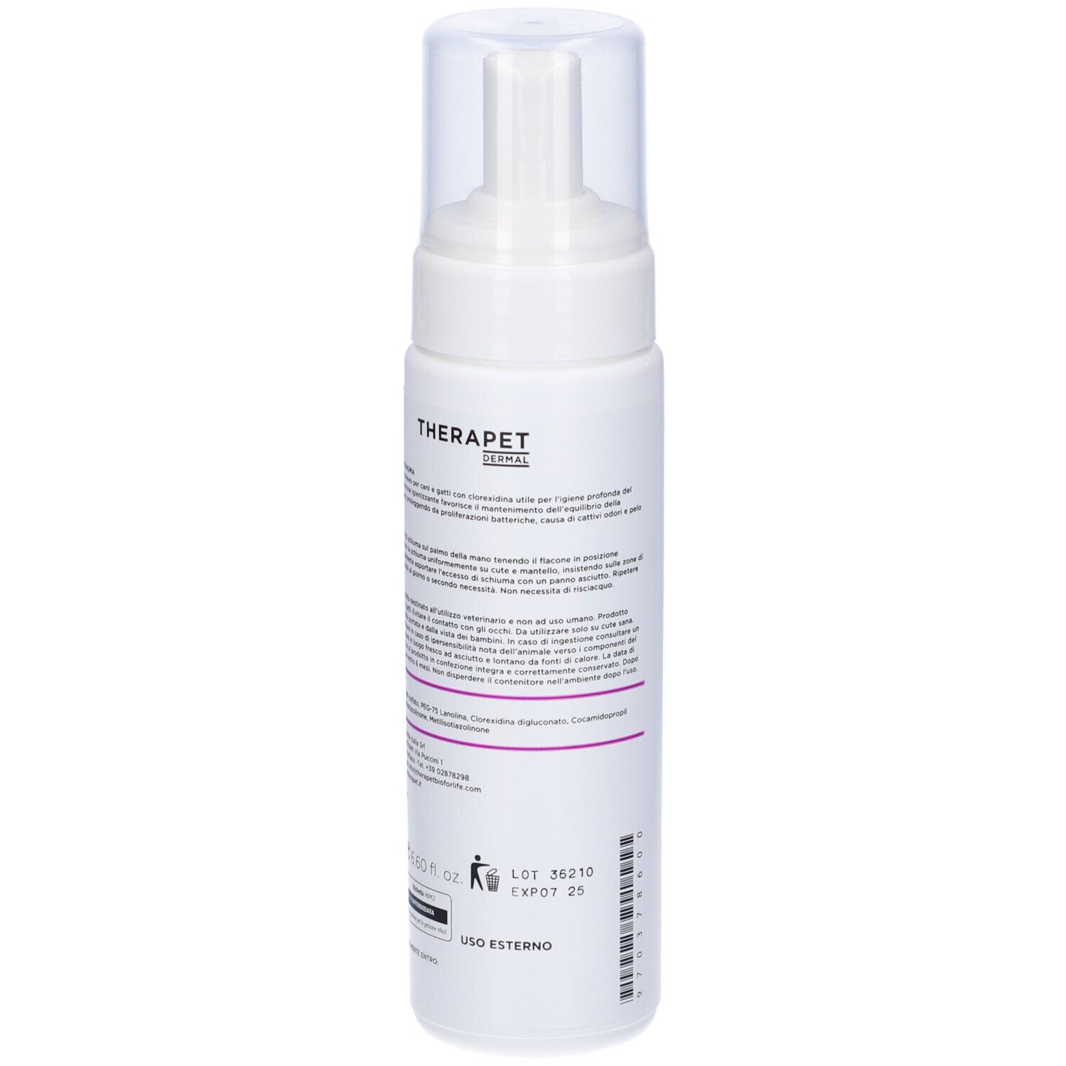Flacone bianco con etichetta viola. Testo e informazioni sul retro. Coperchio trasparente con erogatore a spruzzo.