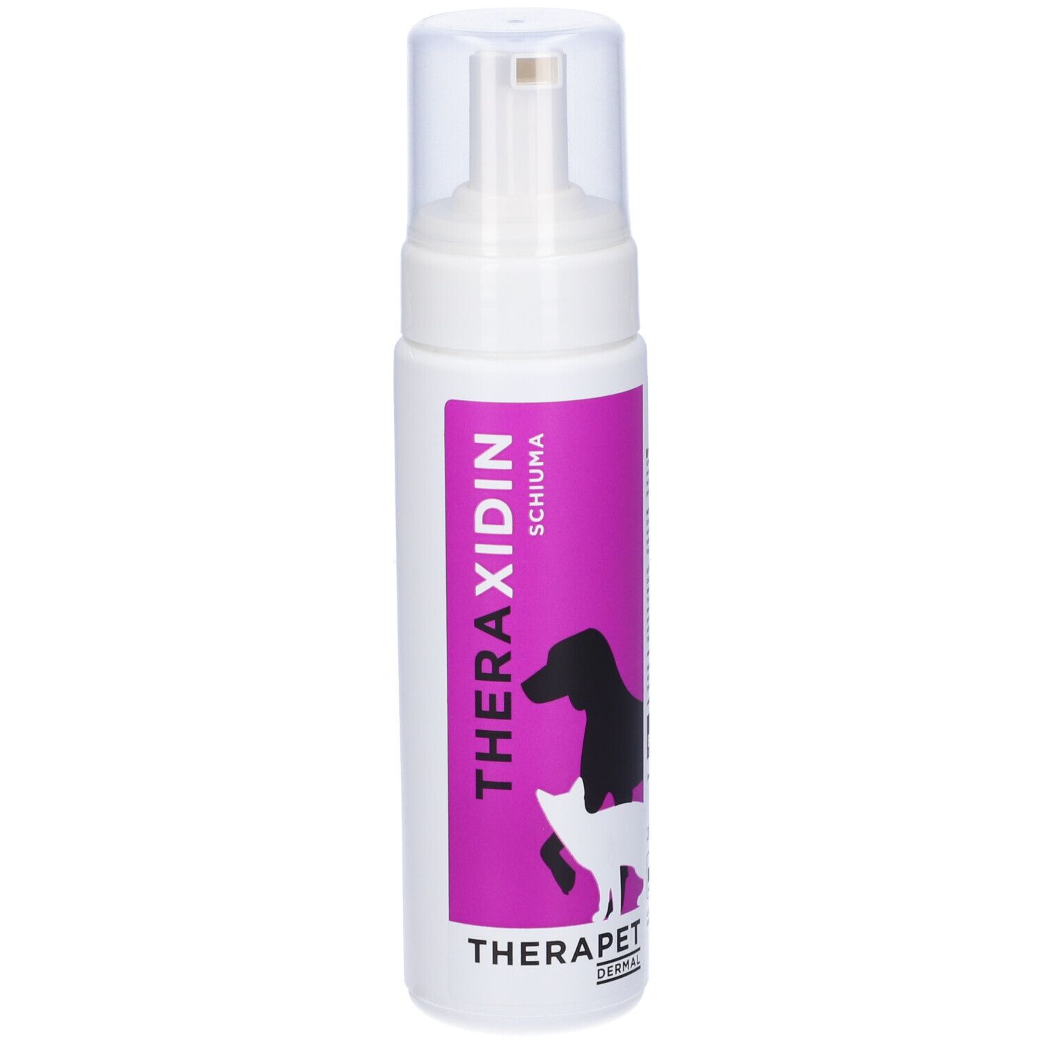 Flacone bianco con etichetta viola. L'etichetta riporta "THERAXIDIN SCHIUMA" e una sagoma di cane e gatto. "THERAPET DERMAL" sotto.