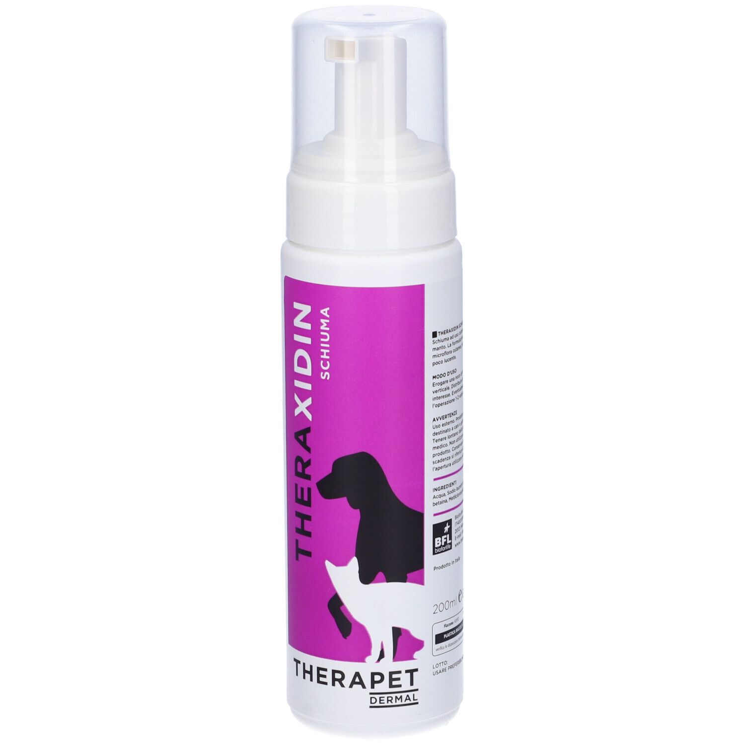 Flacone bianco con etichetta viola. L'etichetta riporta "THERAXIDIN SCHIUMA" e una sagoma di cane e gatto. "THERAPET DERMAL" sotto.