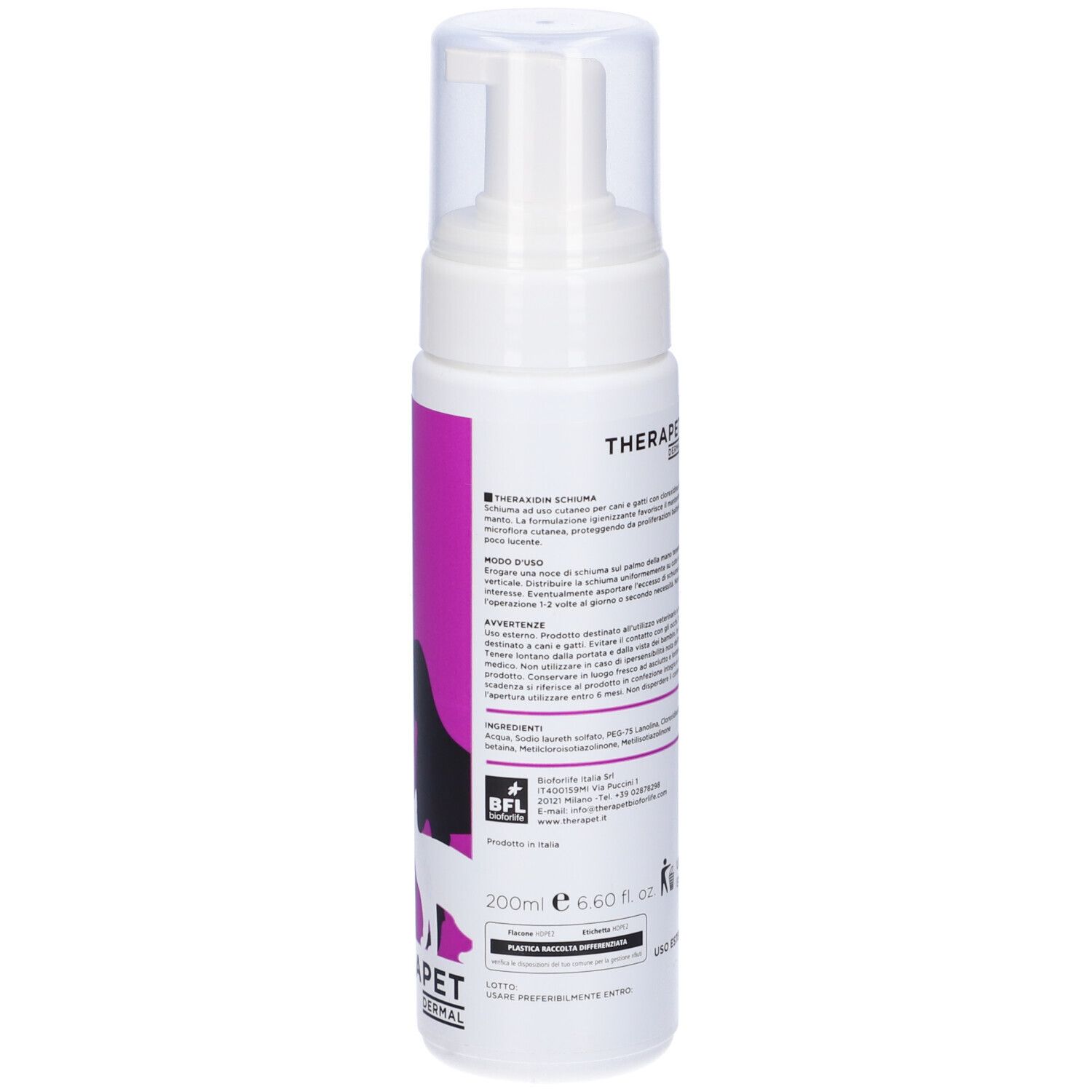 Flacone bianco con etichetta viola. Testo e informazioni sul retro. Coperchio trasparente con erogatore a spruzzo. 200ml.