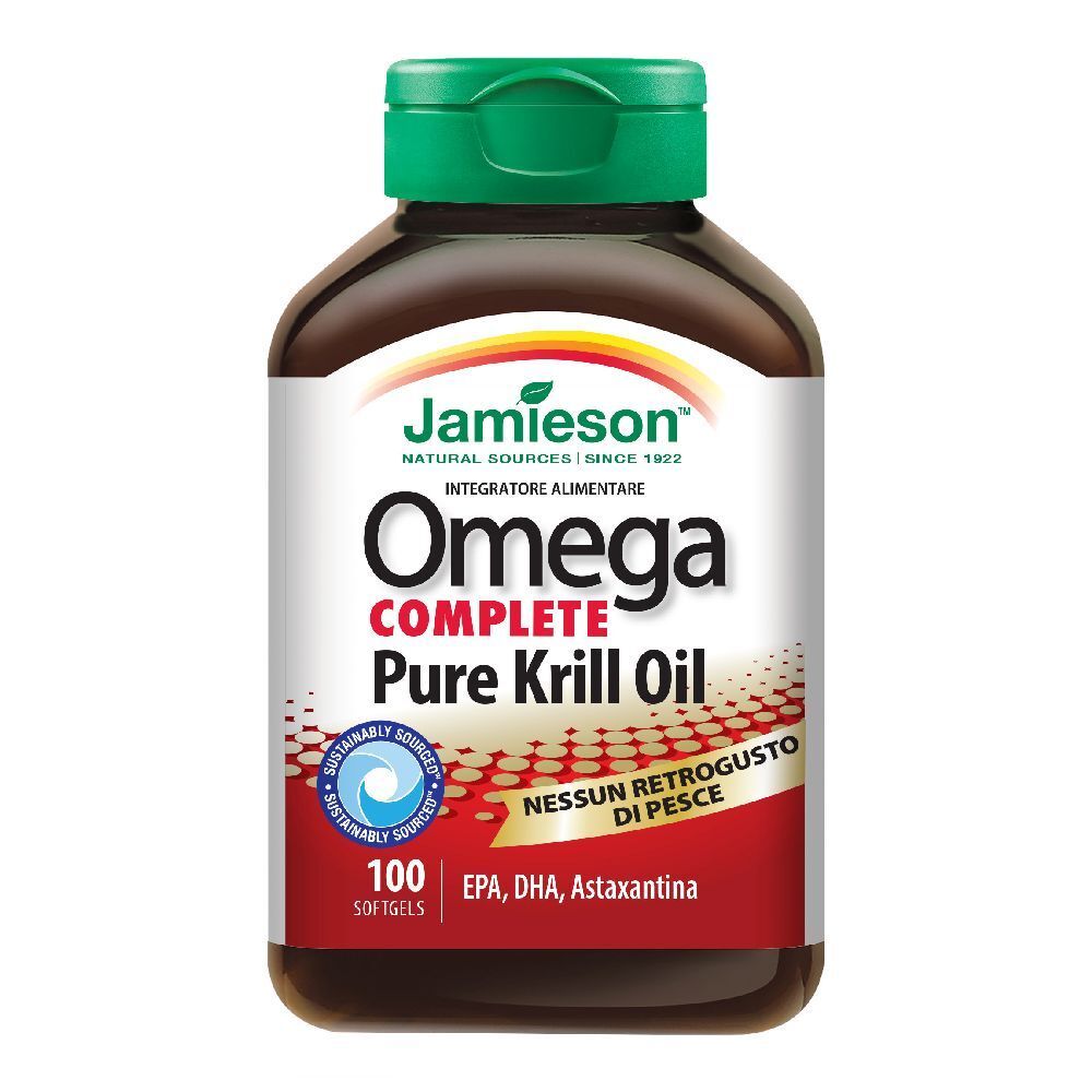 Flacone marrone con tappo verde. Scritta: Jamieson Omega Complete Pure Krill Oil. 100 softgels. Provenienza sostenibile.