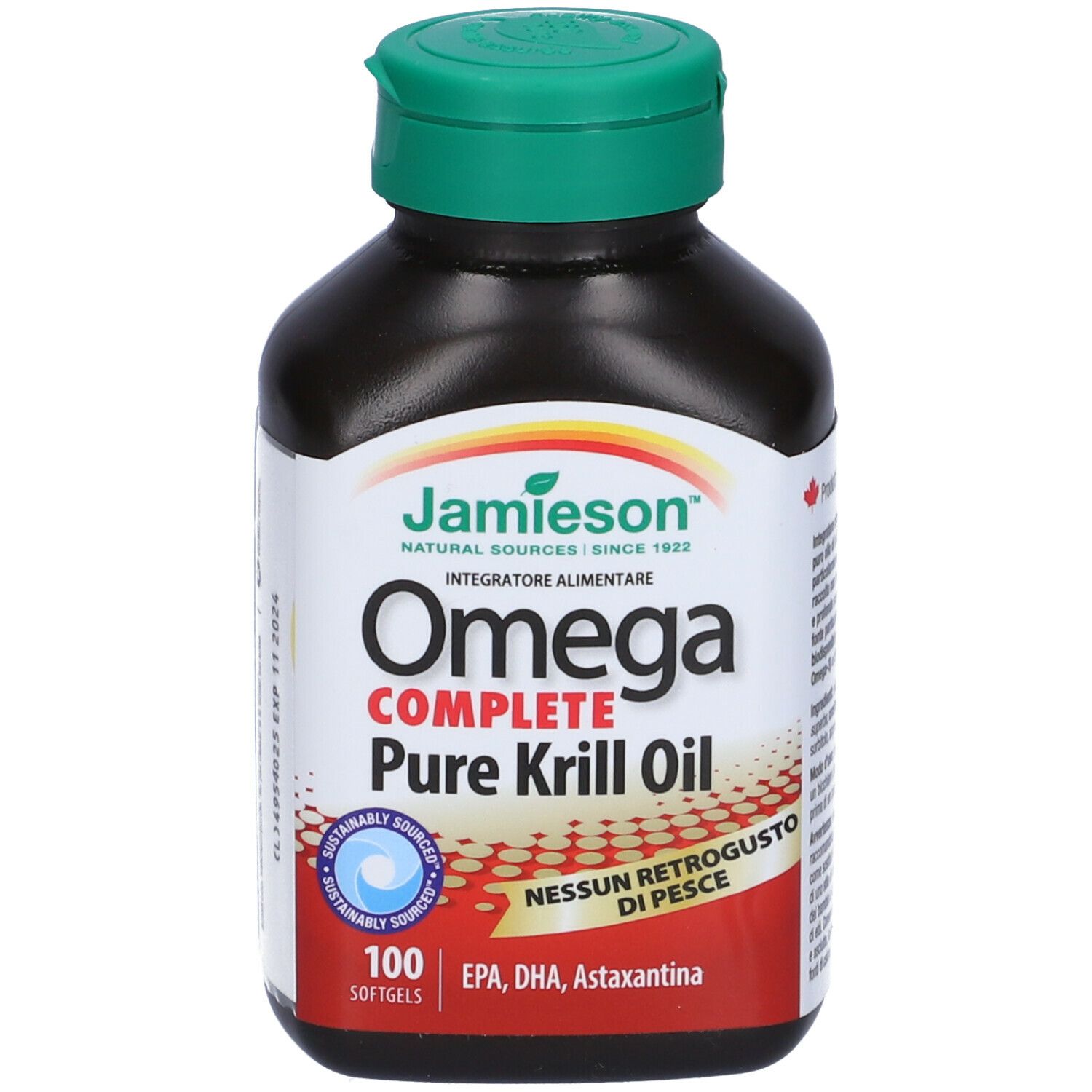 Flacone marrone con tappo verde. Scritta: Jamieson Omega Complete Pure Krill Oil. 100 softgels. Provenienza sostenibile.