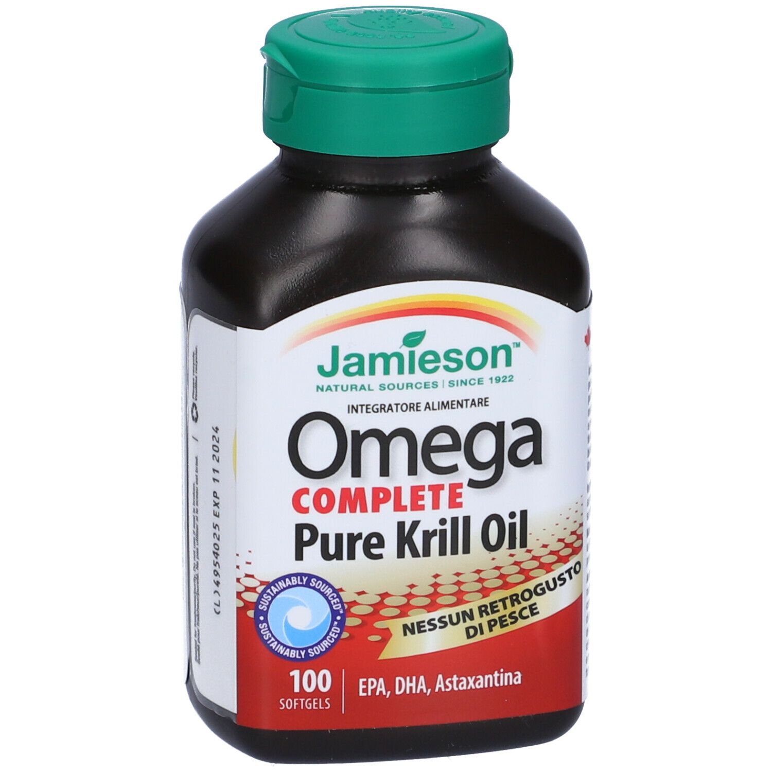 Flacone marrone con tappo verde. Scritta: Jamieson Omega Complete Pure Krill Oil. 100 softgels. Provenienza sostenibile.