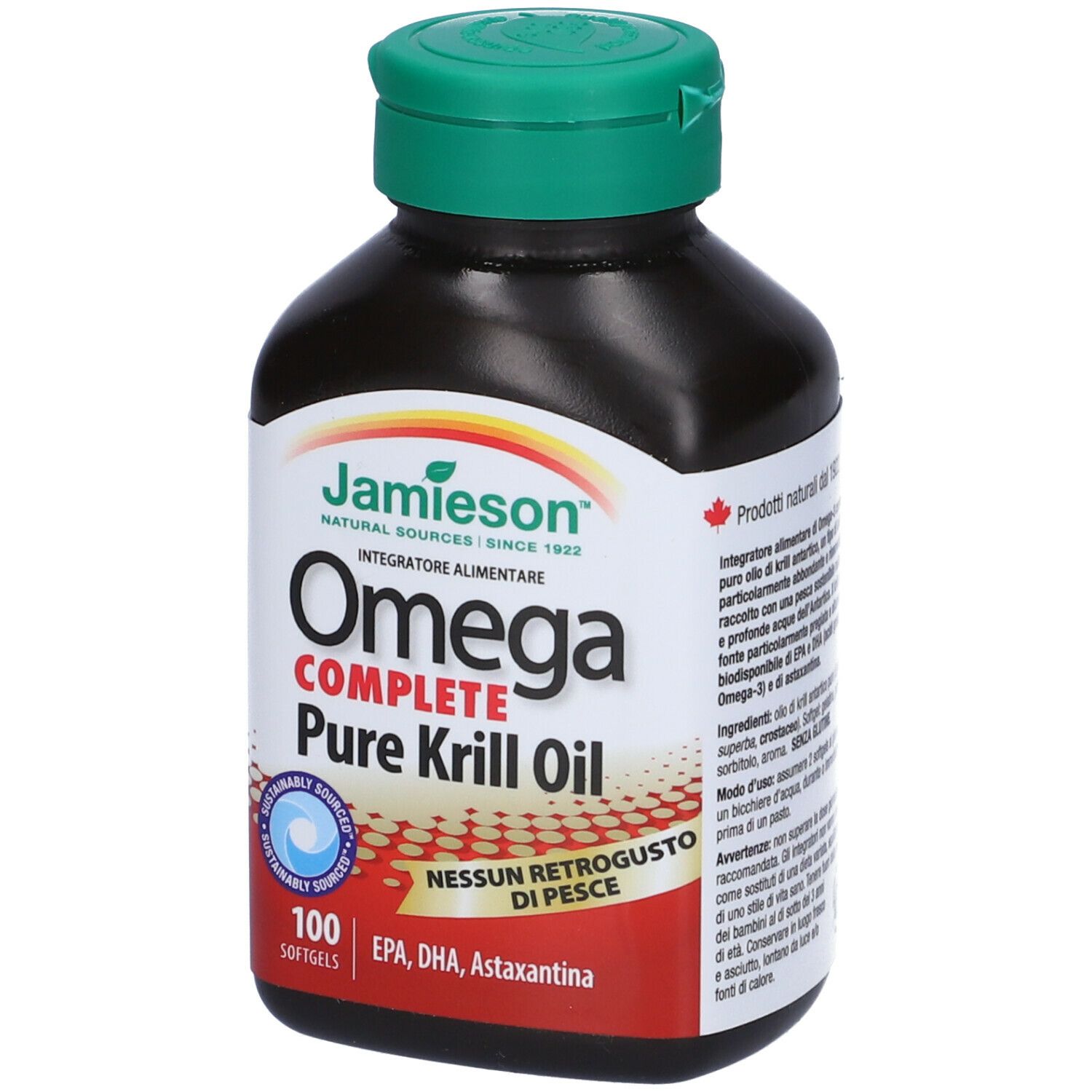 Flacone marrone con tappo verde. Scritta: Jamieson Omega Complete Pure Krill Oil. 100 softgels. Provenienza sostenibile.