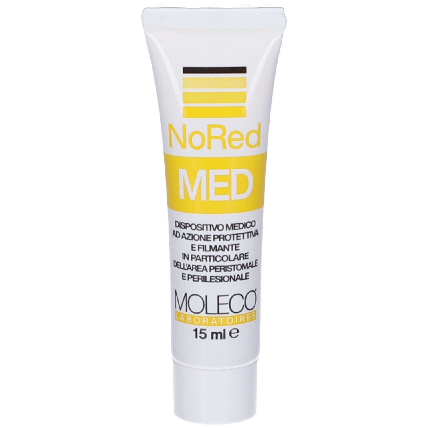 Tubo bianco con banda gialla. Scritta: NoRed MED, 15 ml. Dispositivo medico.