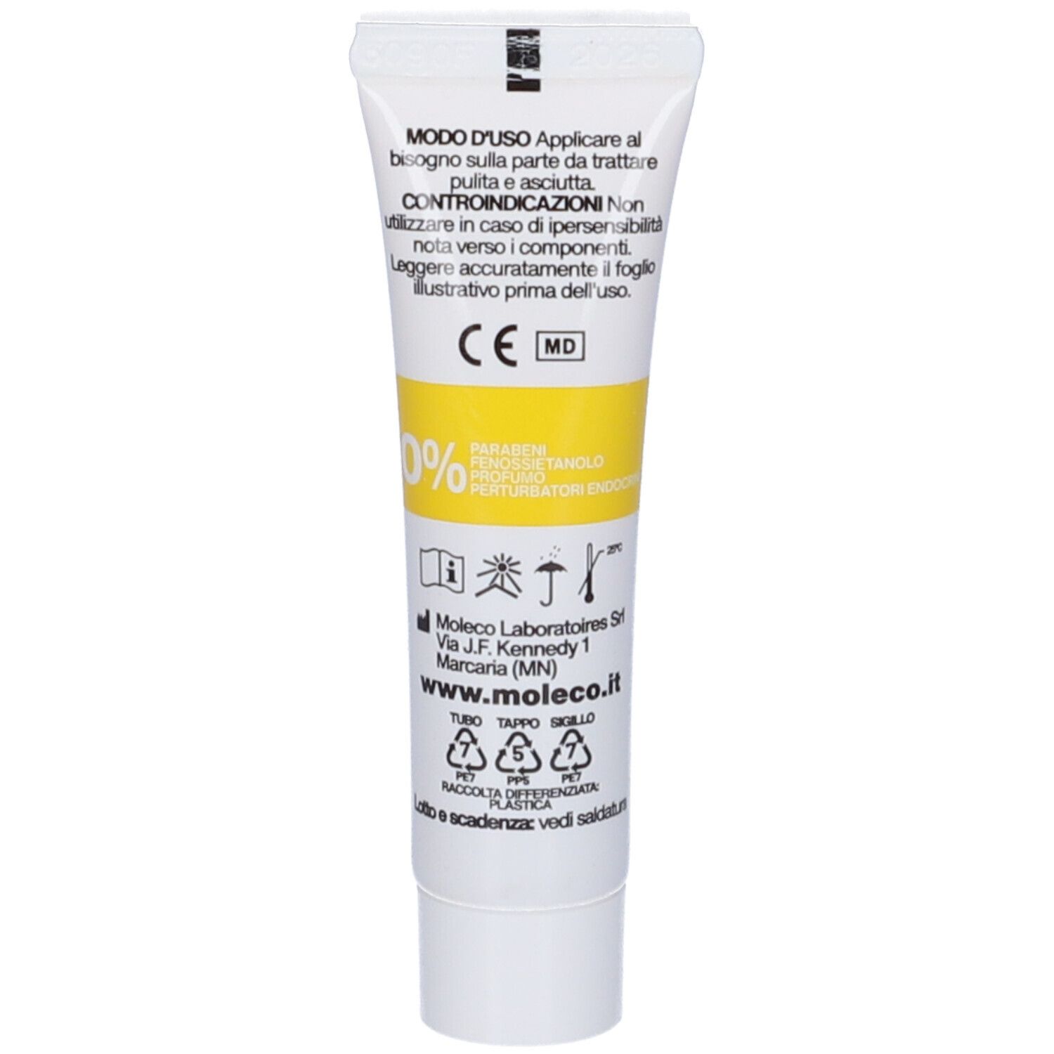Retro del tubo. Testo: Modo d'uso, controindicazioni. Marchio CE. 15 ml.