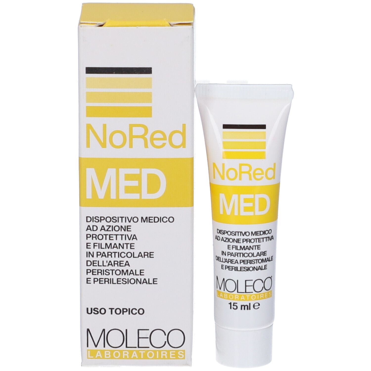 Confezione del prodotto con tubo. Scritta: NoRed MED, 15 ml. Dispositivo medico. Confezione giallo-bianca.