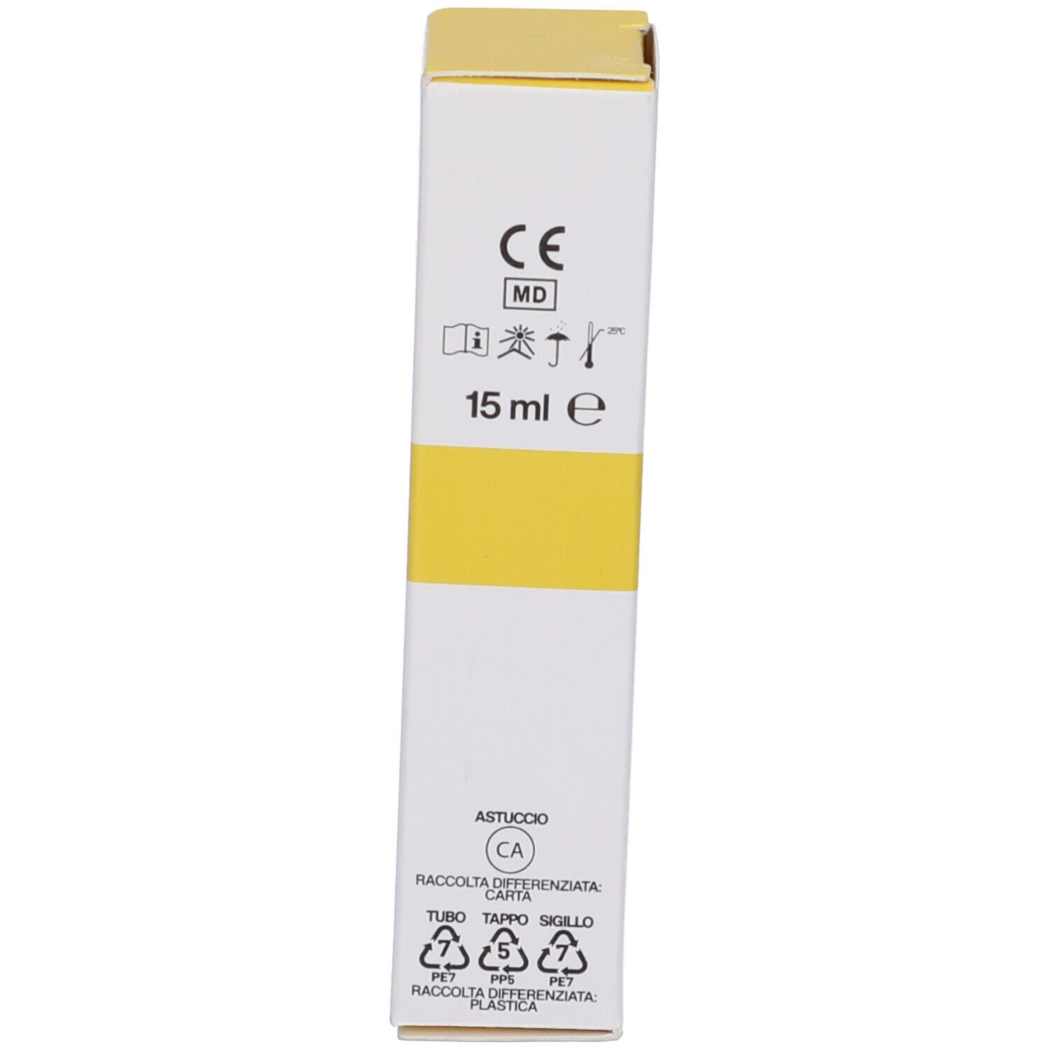 Retro della confezione. Marchio CE. 15 ml. Simboli di riciclaggio.