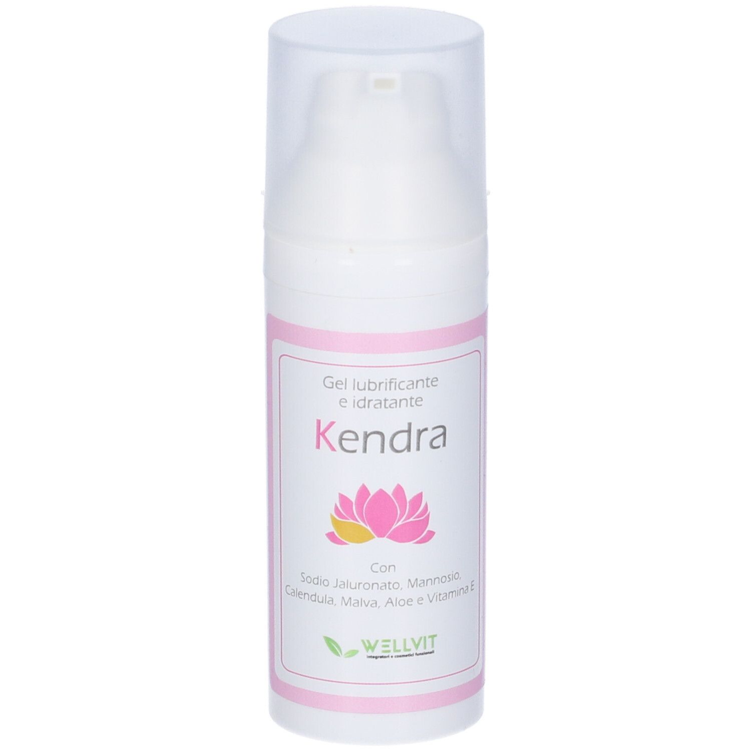 Flacone bianco con dosatore a pompa. Nome prodotto Kendra, con ingredienti come acido ialuronico e aloe vera. Marchio Wellvit.